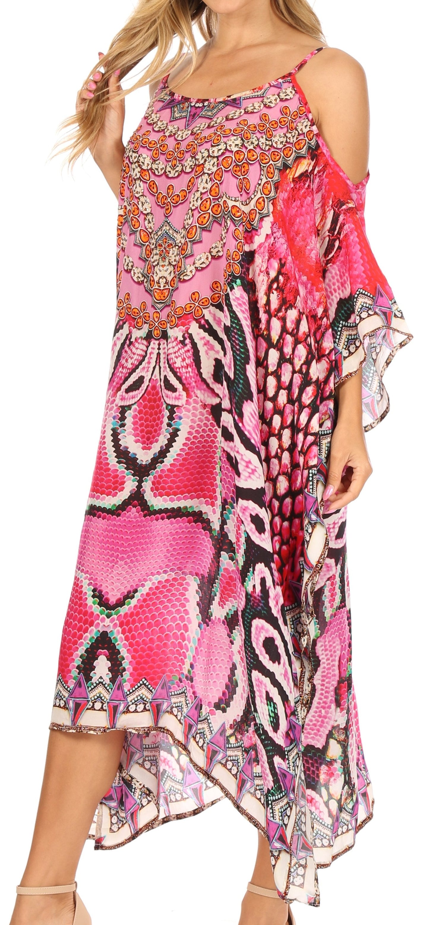 Sakkas Amaya Loose Fit Long Printed Strappy Cutout Shoulder Boat Neck Kaftan Dress - Concordia Style Boutique