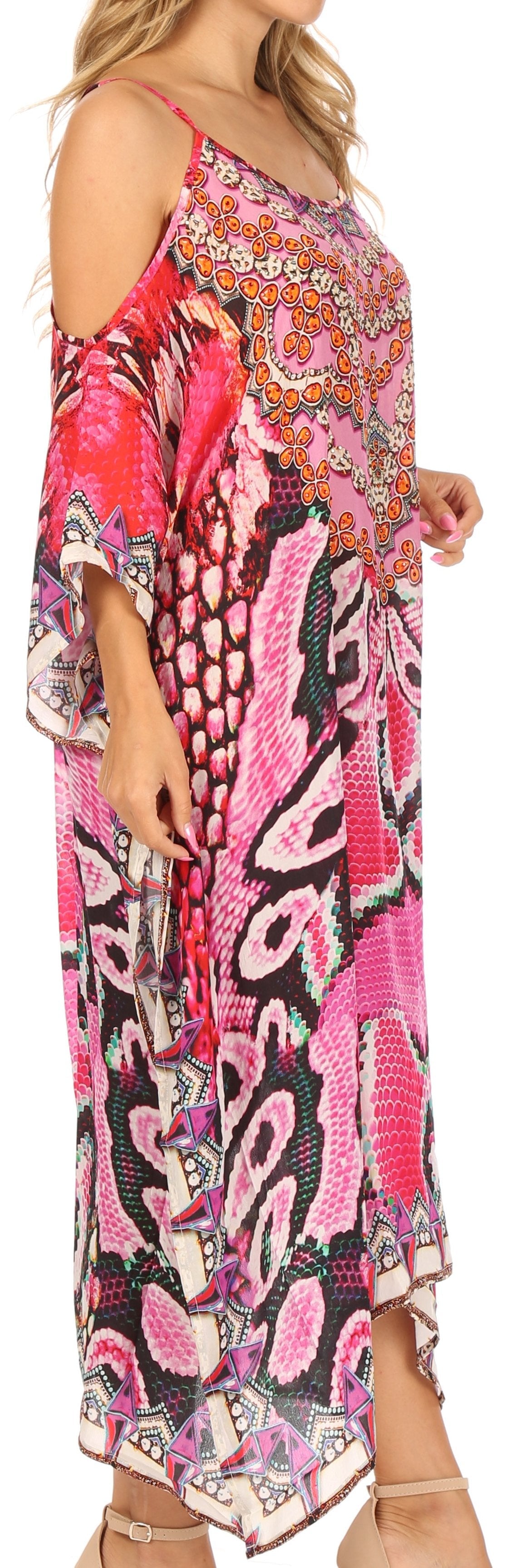 Sakkas Amaya Loose Fit Long Printed Strappy Cutout Shoulder Boat Neck Kaftan Dress - Concordia Style Boutique