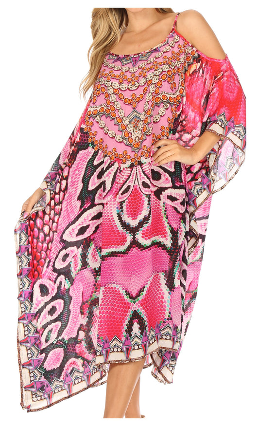 Sakkas Amaya Loose Fit Long Printed Strappy Cutout Shoulder Boat Neck Kaftan Dress - Concordia Style Boutique
