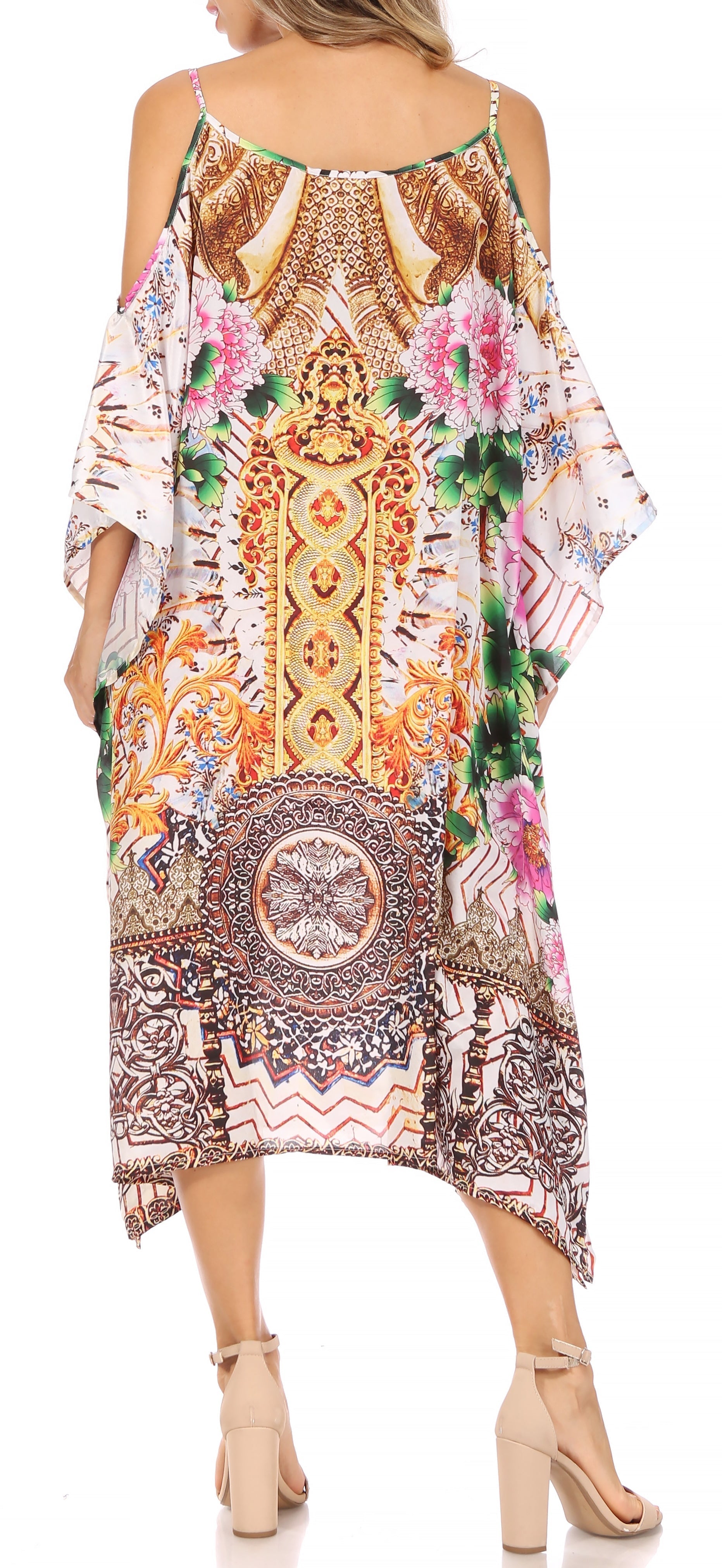 Sakkas Amaya Loose Fit Long Printed Strappy Cutout Shoulder Boat Neck Kaftan Dress - Concordia Style Boutique