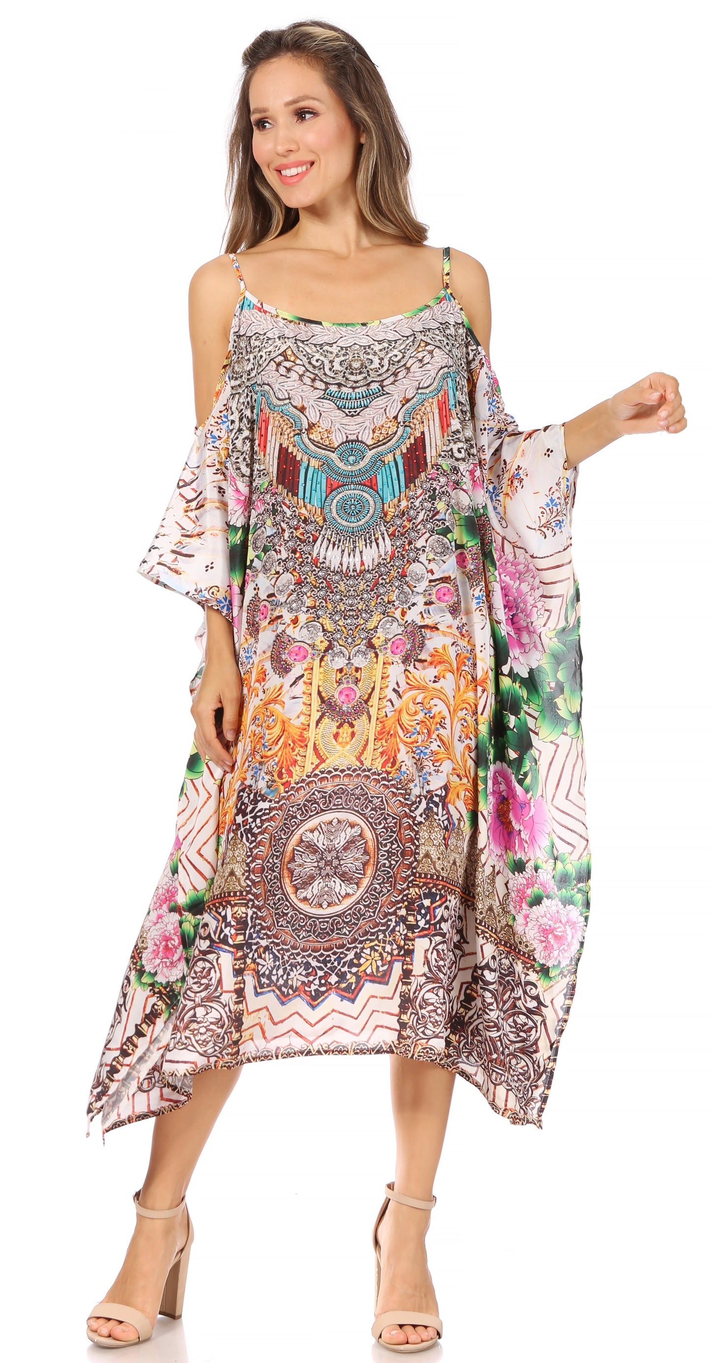 Sakkas Amaya Loose Fit Long Printed Strappy Cutout Shoulder Boat Neck Kaftan Dress - Concordia Style Boutique