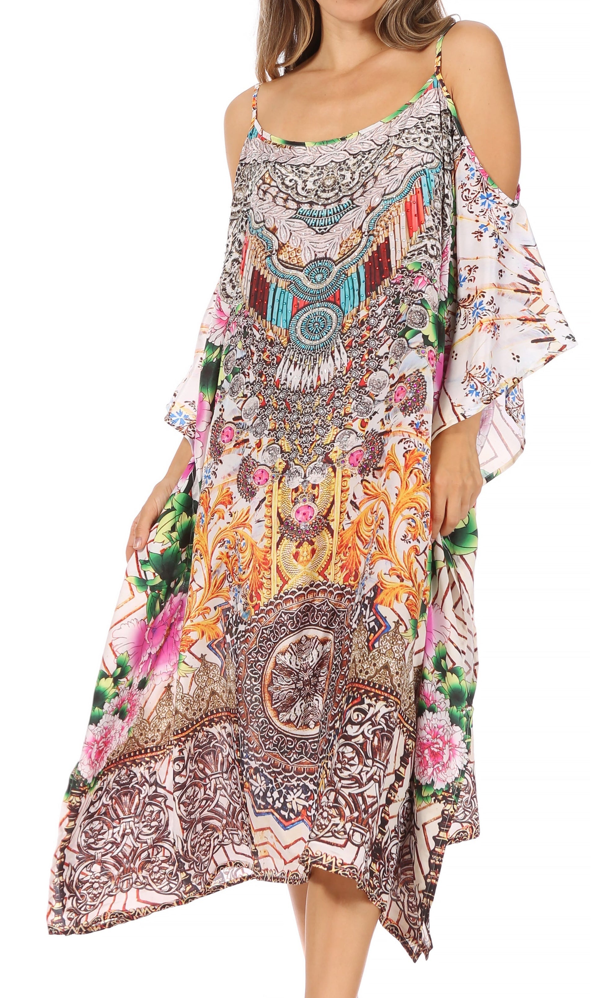 Sakkas Amaya Loose Fit Long Printed Strappy Cutout Shoulder Boat Neck Kaftan Dress - Concordia Style Boutique