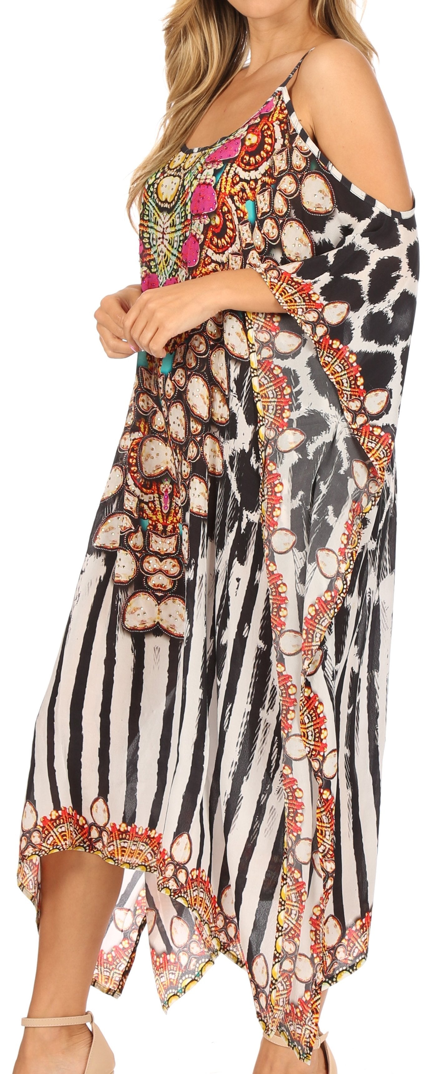 Sakkas Amaya Loose Fit Long Printed Strappy Cutout Shoulder Boat Neck Kaftan Dress - Concordia Style Boutique