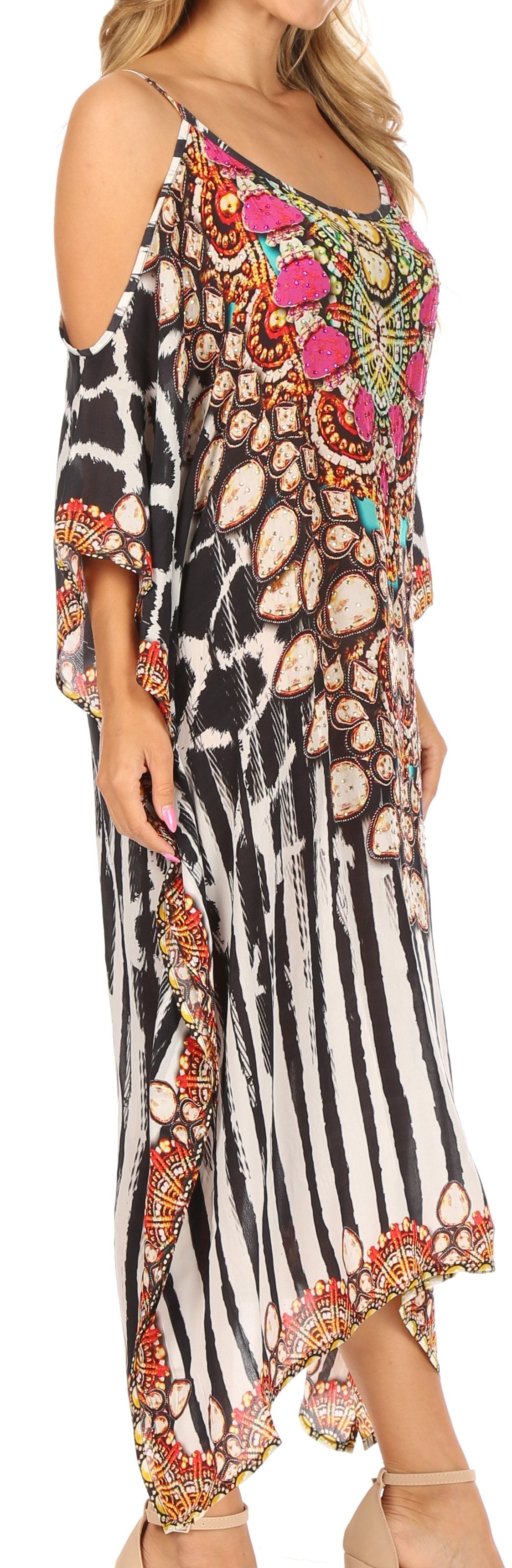 Sakkas Amaya Loose Fit Long Printed Strappy Cutout Shoulder Boat Neck Kaftan Dress - Concordia Style Boutique