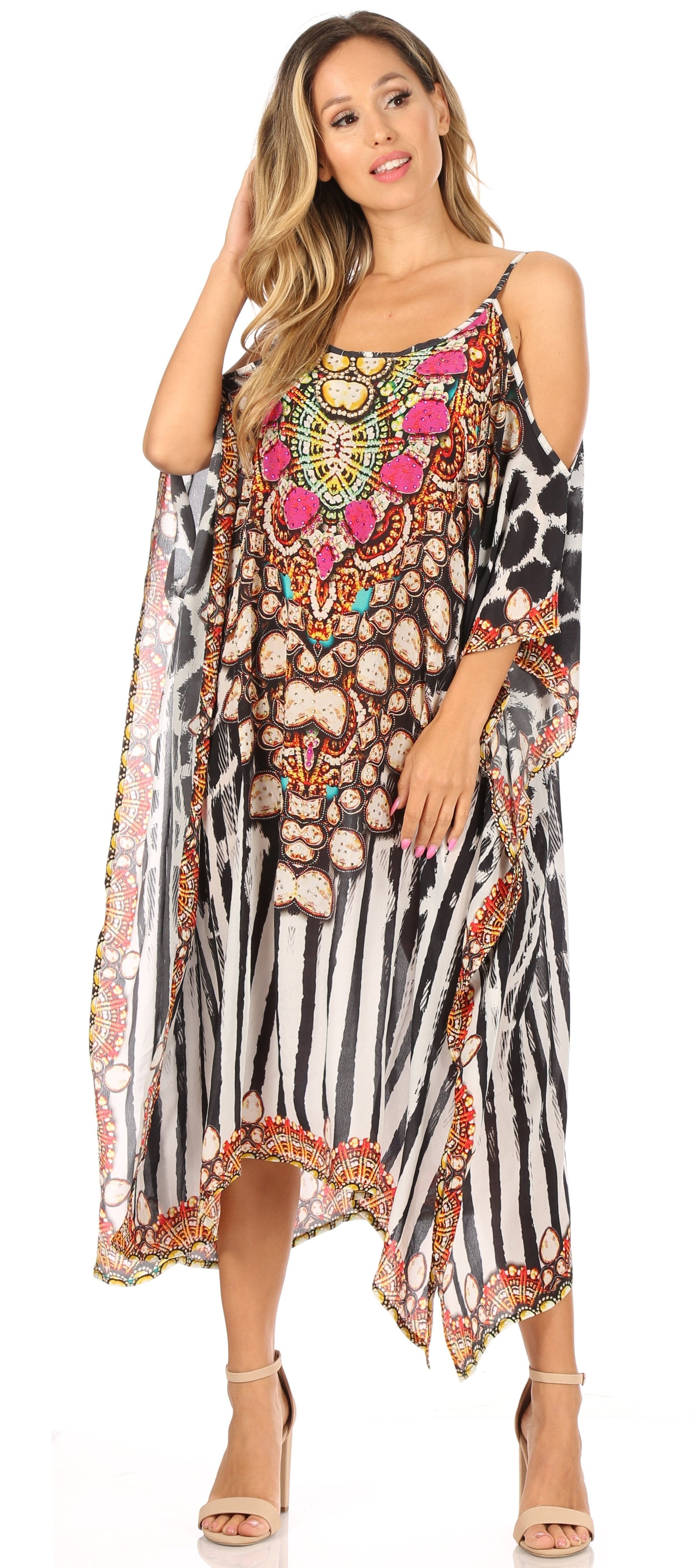Sakkas Amaya Loose Fit Long Printed Strappy Cutout Shoulder Boat Neck Kaftan Dress - Concordia Style Boutique