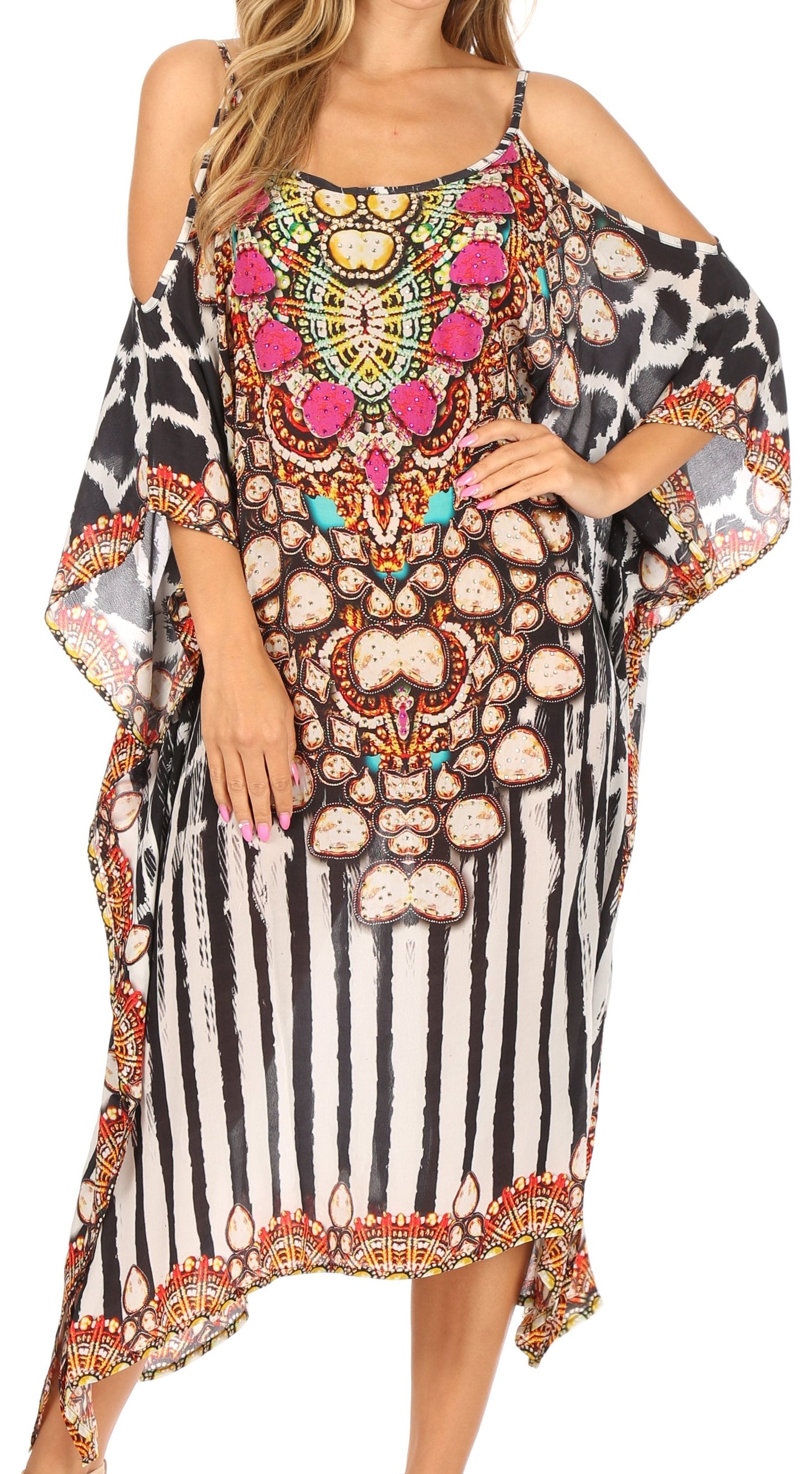 Sakkas Amaya Loose Fit Long Printed Strappy Cutout Shoulder Boat Neck Kaftan Dress - Concordia Style Boutique