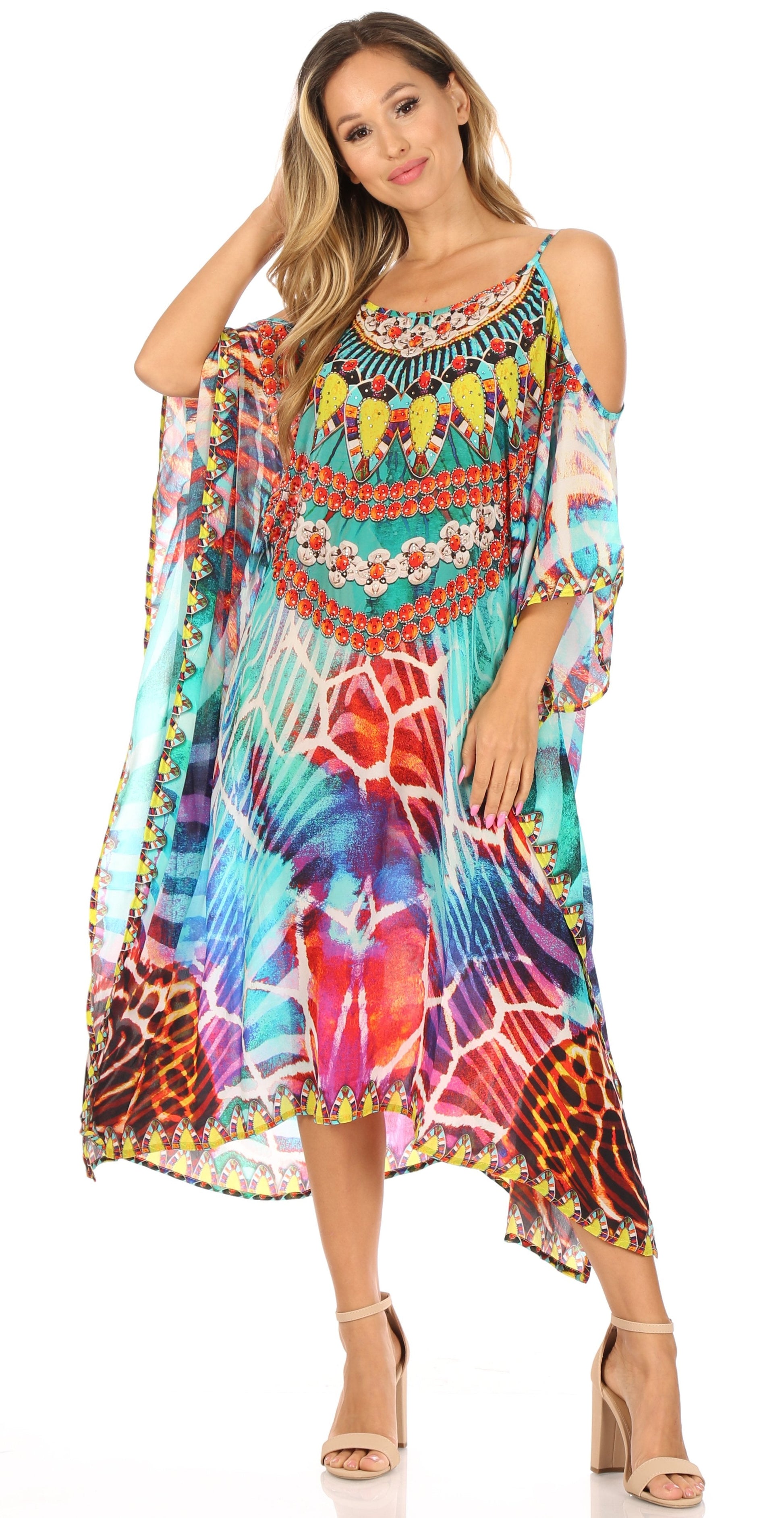 Sakkas Amaya Loose Fit Long Printed Strappy Cutout Shoulder Boat Neck Kaftan Dress - Concordia Style Boutique
