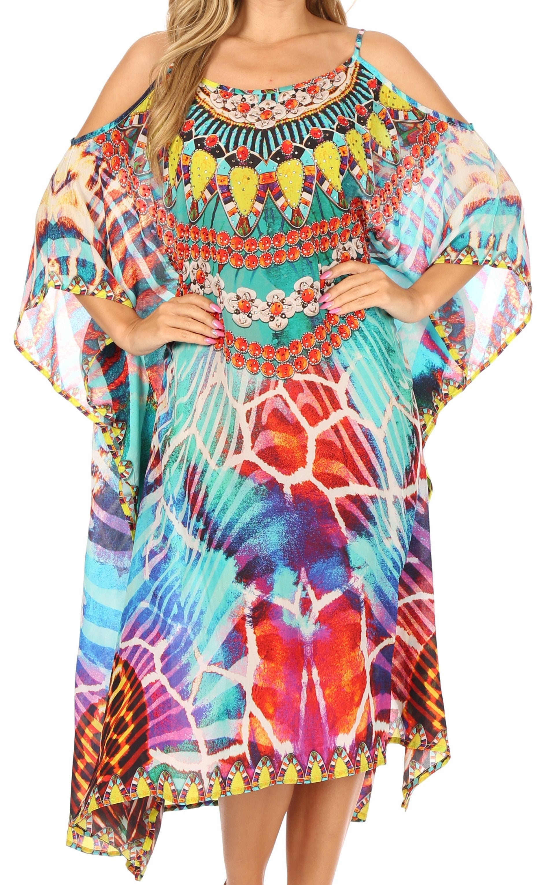 Sakkas Amaya Loose Fit Long Printed Strappy Cutout Shoulder Boat Neck Kaftan Dress - Concordia Style Boutique