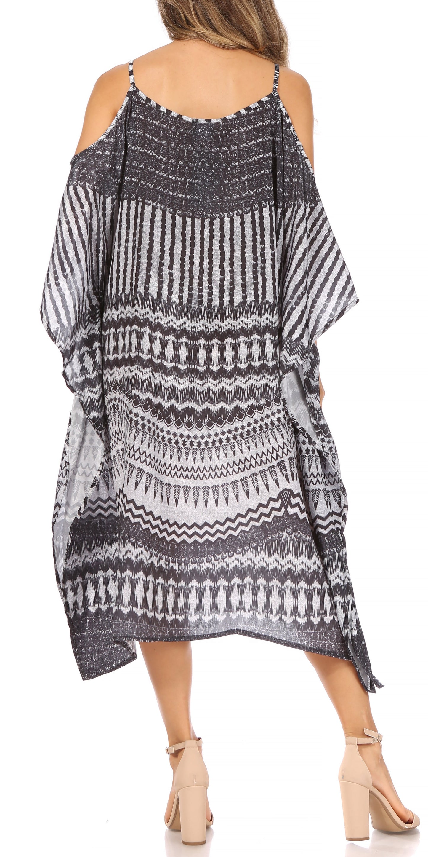 Sakkas Amaya Loose Fit Long Printed Strappy Cutout Shoulder Boat Neck Kaftan Dress - Concordia Style Boutique