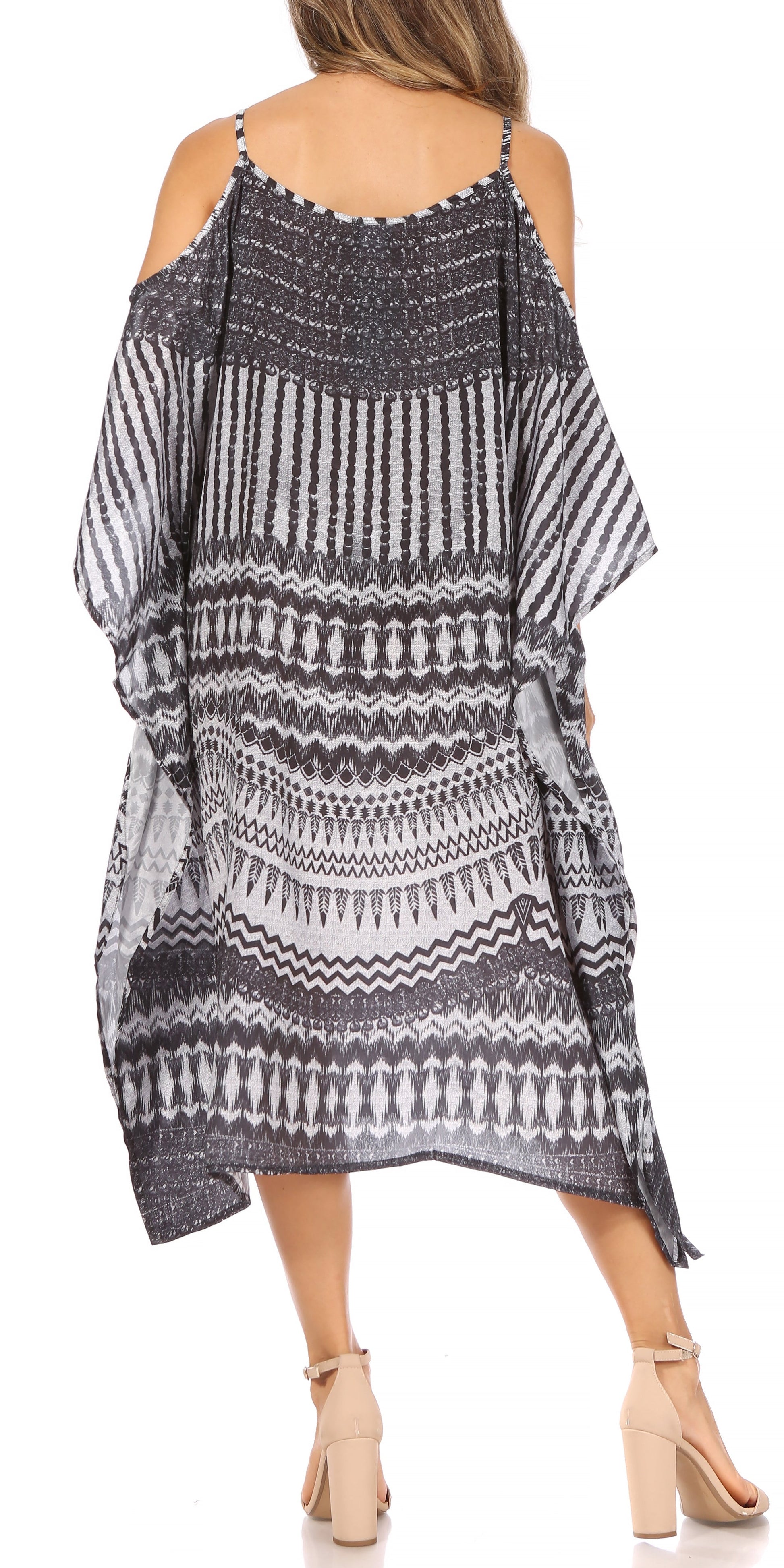 Sakkas Amaya Loose Fit Long Printed Strappy Cutout Shoulder Boat Neck Kaftan Dress - Concordia Style Boutique