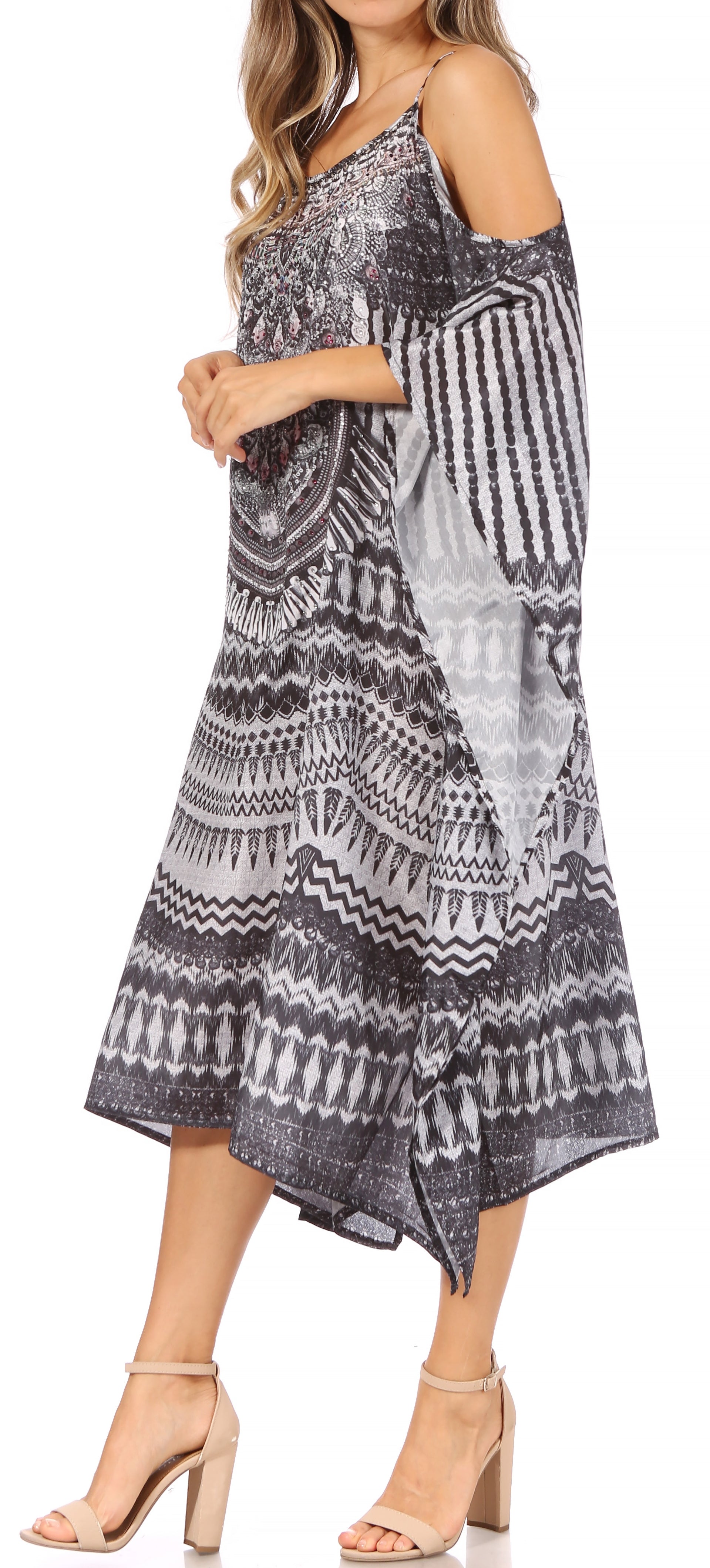 Sakkas Amaya Loose Fit Long Printed Strappy Cutout Shoulder Boat Neck Kaftan Dress - Concordia Style Boutique