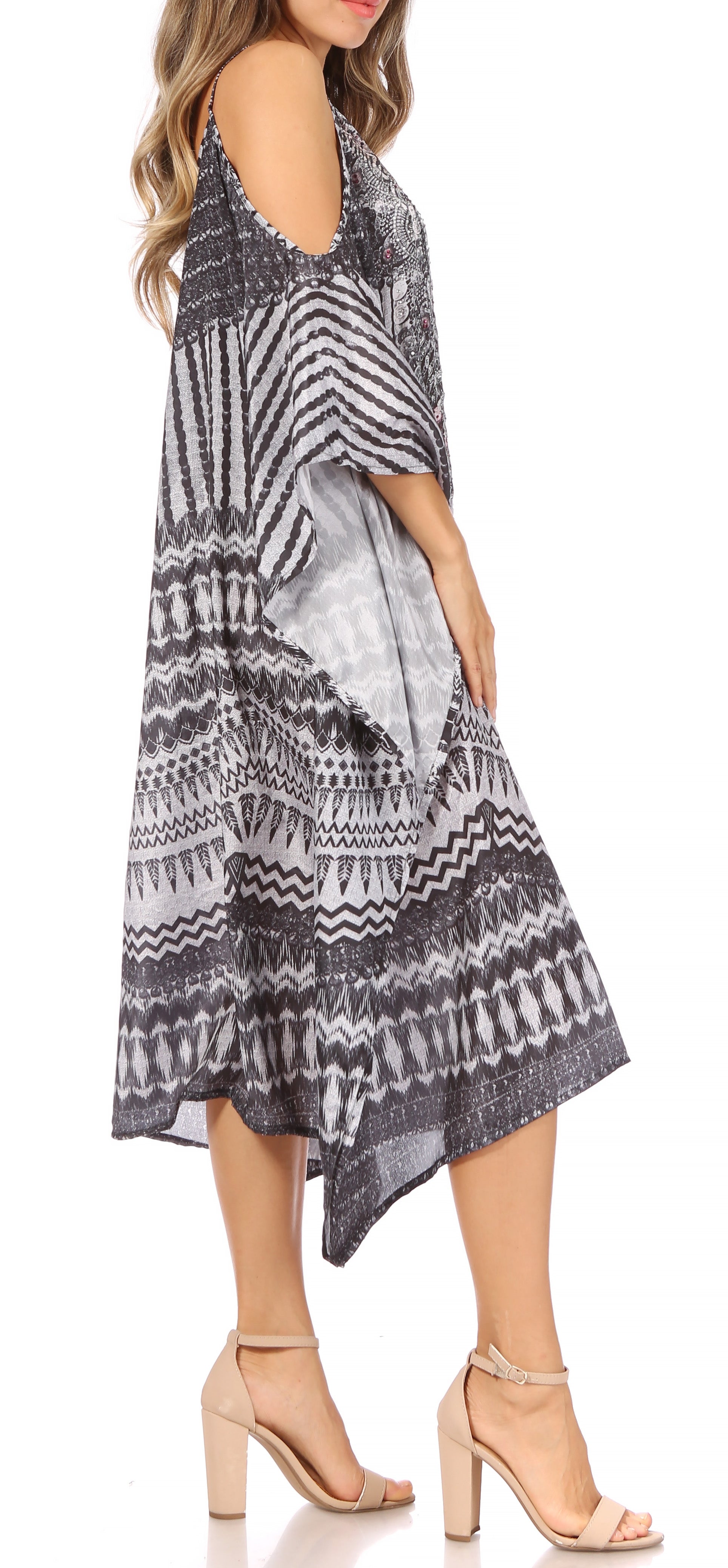 Sakkas Amaya Loose Fit Long Printed Strappy Cutout Shoulder Boat Neck Kaftan Dress - Concordia Style Boutique