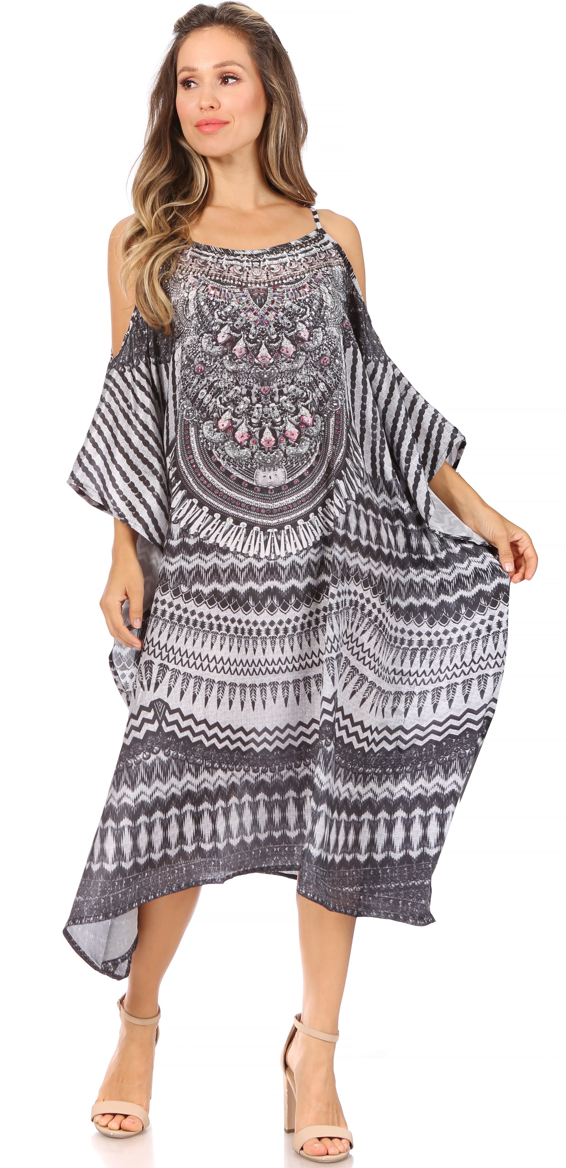 Sakkas Amaya Loose Fit Long Printed Strappy Cutout Shoulder Boat Neck Kaftan Dress - Concordia Style Boutique