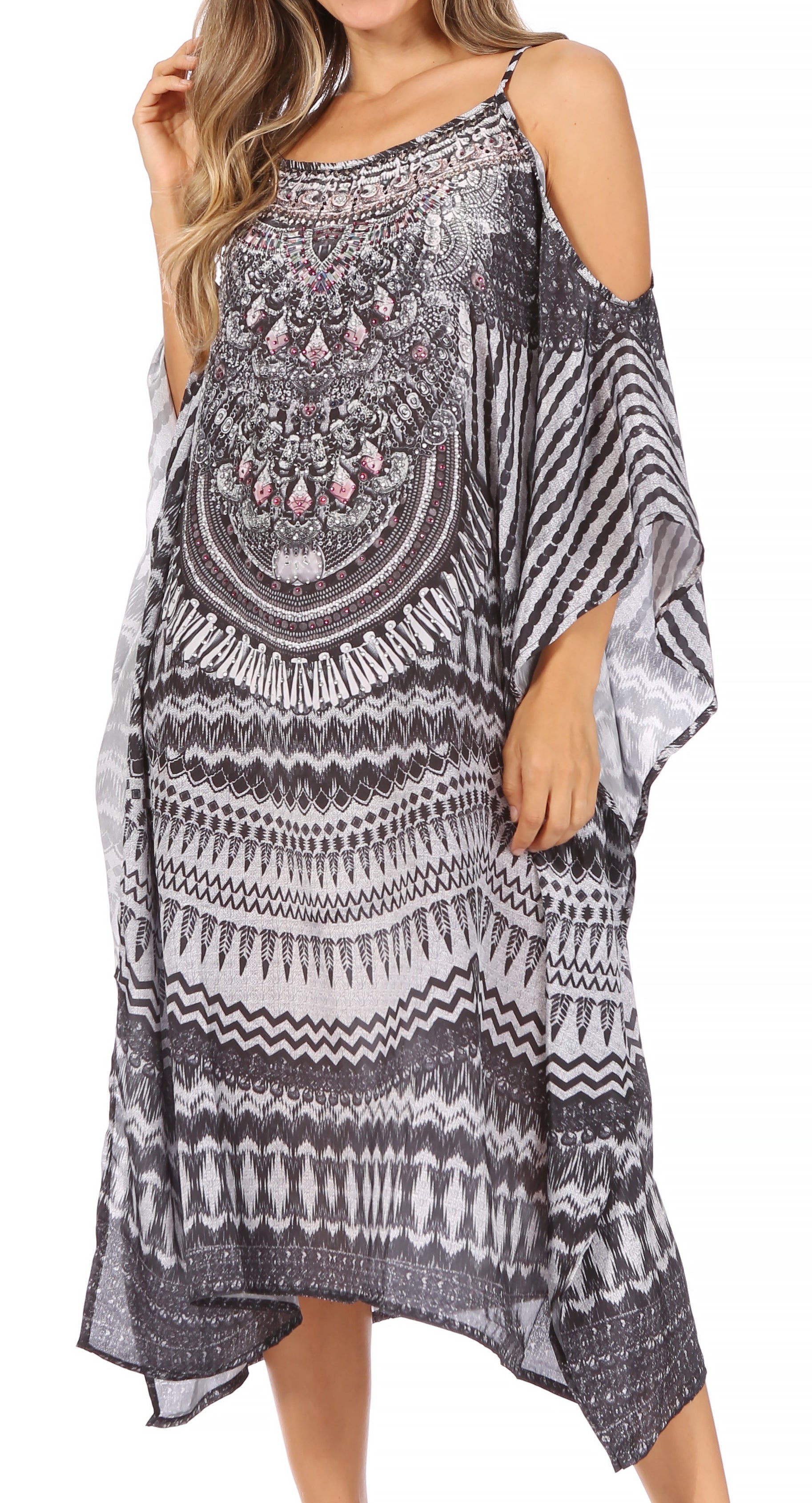 Sakkas Amaya Loose Fit Long Printed Strappy Cutout Shoulder Boat Neck Kaftan Dress - Concordia Style Boutique