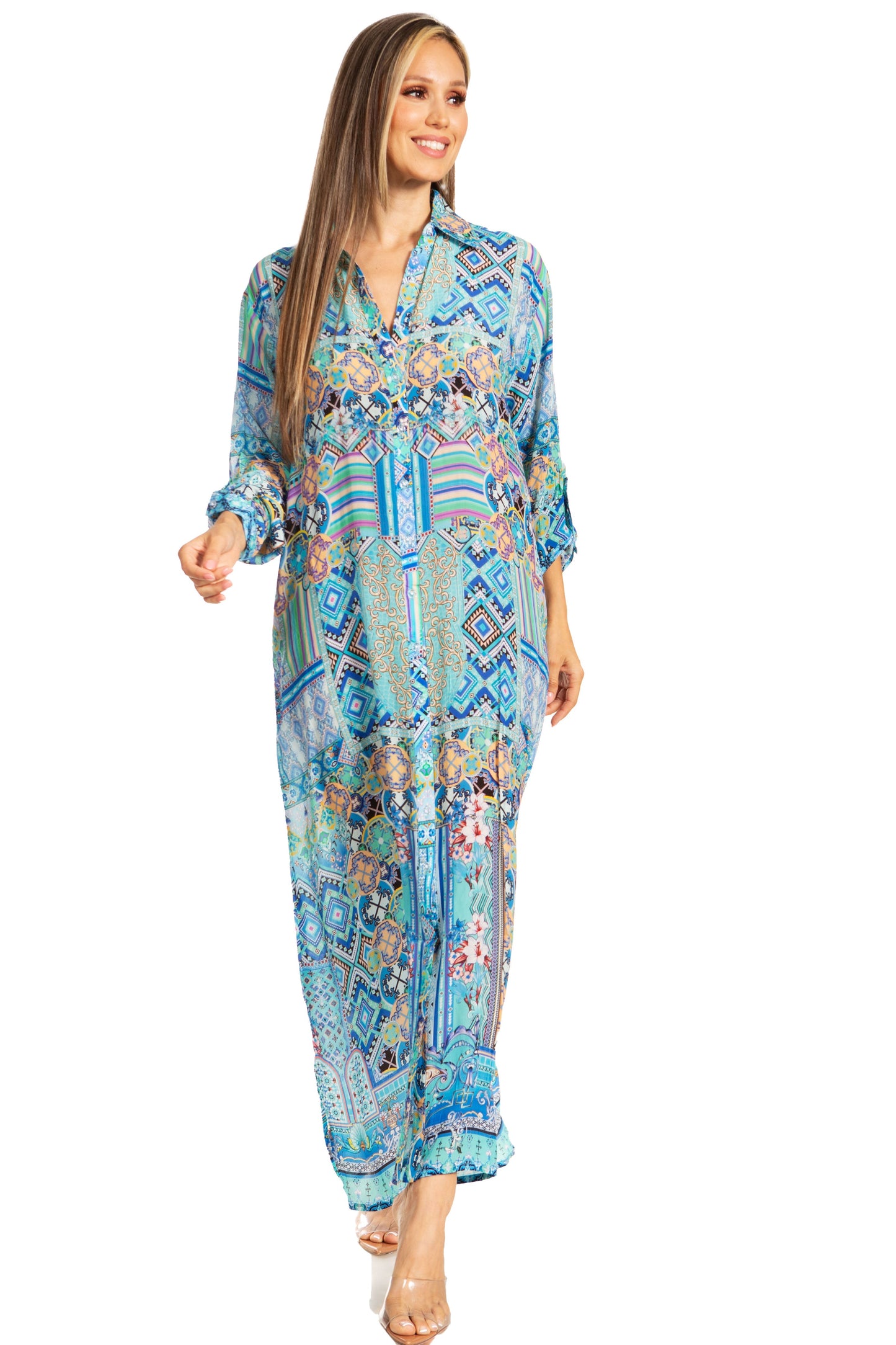 Sakkas Womens Long Sleeves Button Down Spring/Summer Maxi Shirt dress/Beachwear - Concordia Style Boutique