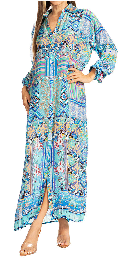 Sakkas Womens Long Sleeves Button Down Spring/Summer Maxi Shirt dress/Beachwear - Concordia Style Boutique