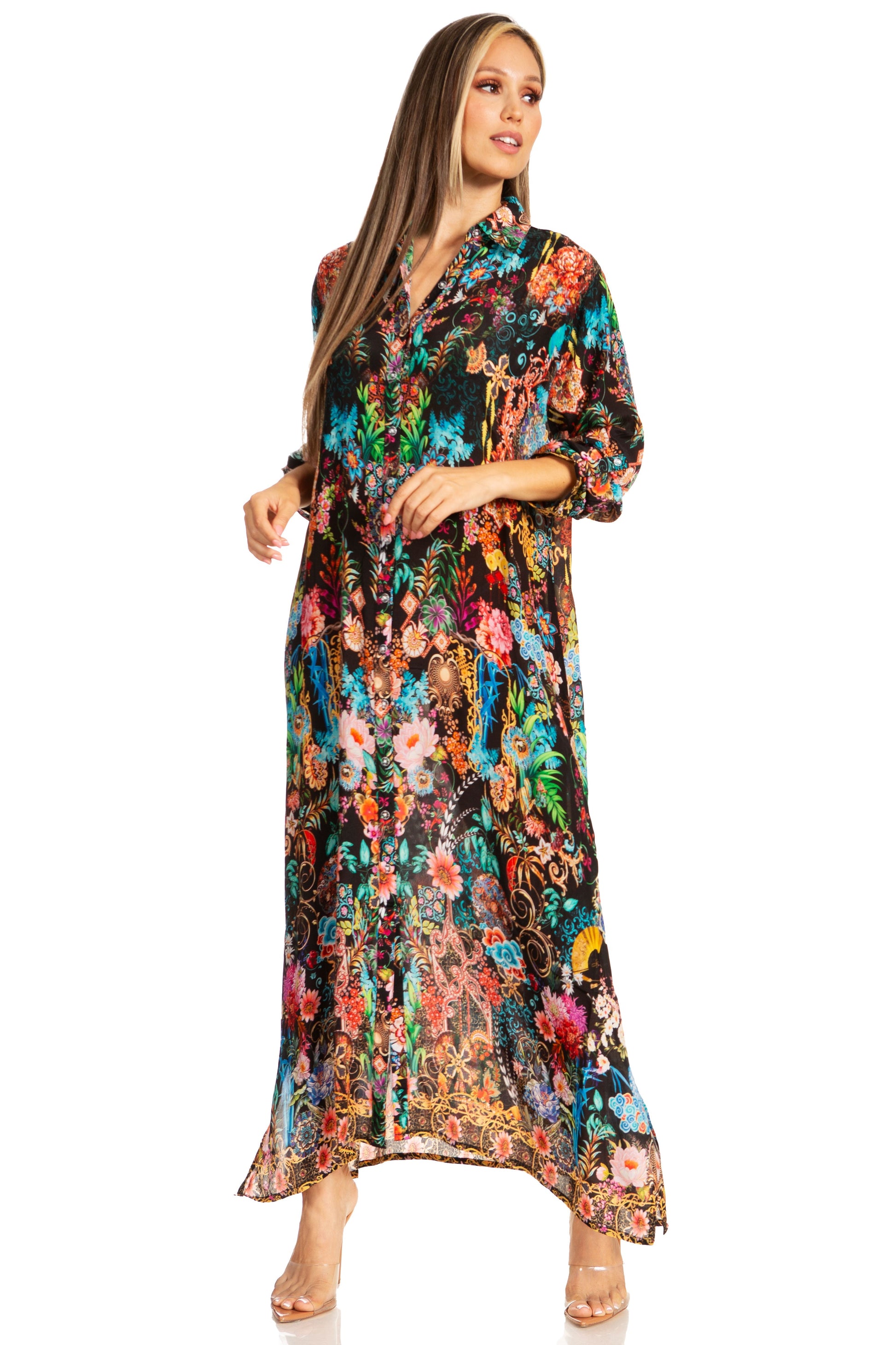 Sakkas Womens Long Sleeves Button Down Spring/Summer Maxi Shirt dress/Beachwear - Concordia Style Boutique