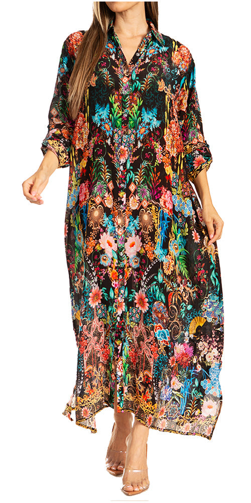 Sakkas Womens Long Sleeves Button Down Spring/Summer Maxi Shirt dress/Beachwear - Concordia Style Boutique
