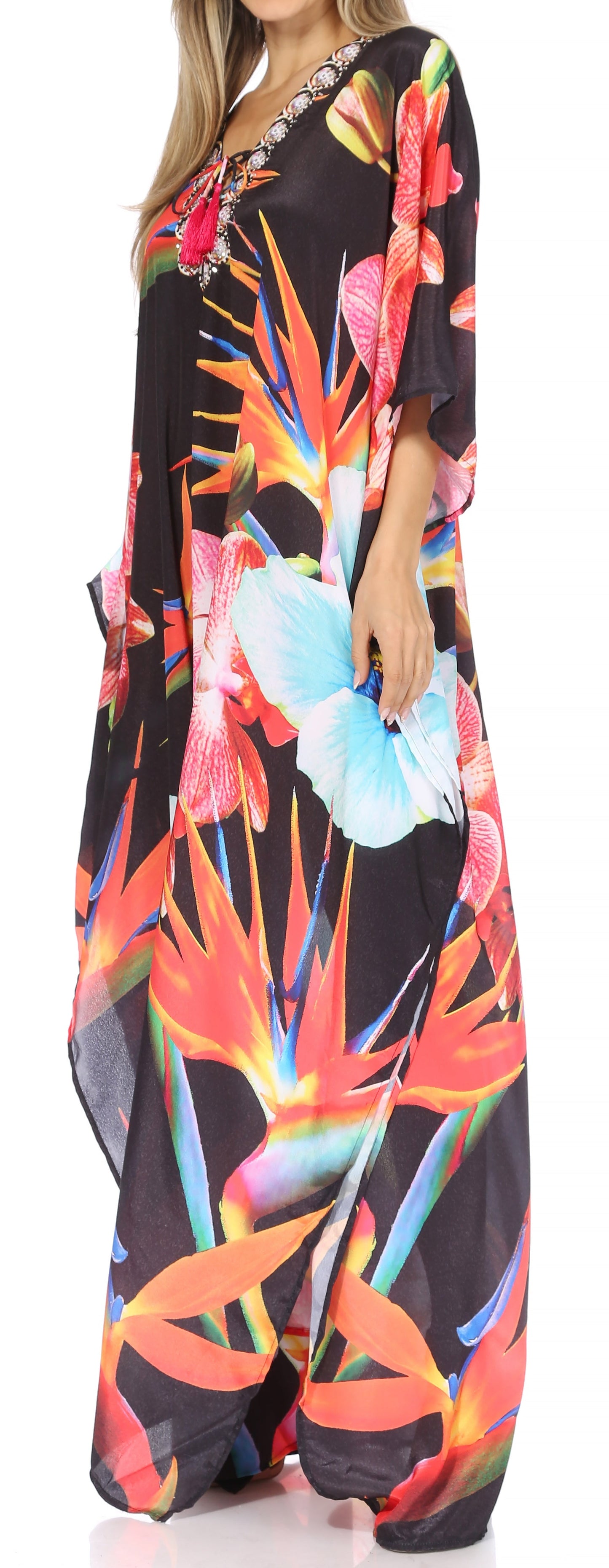 Sakkas Georgettina Flowy Rhinestone V Neck Long Caftan Dress/Cover Up - Concordia Style Boutique