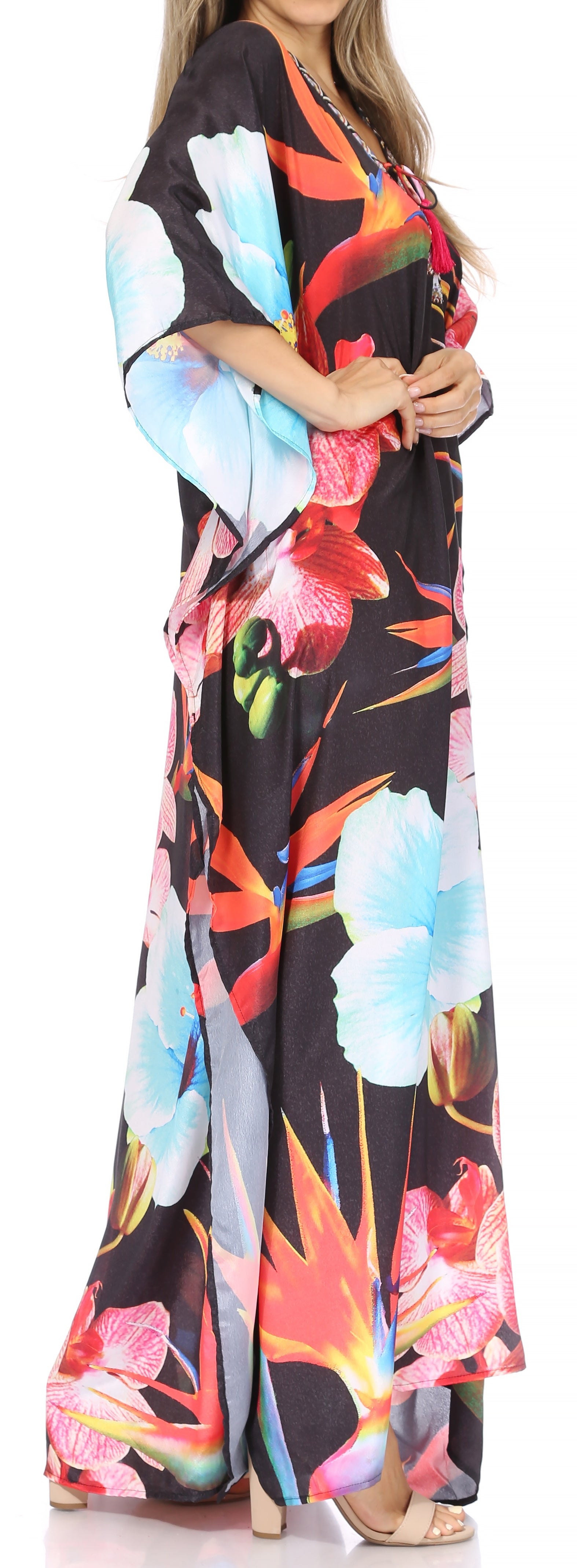 Sakkas Georgettina Flowy Rhinestone V Neck Long Caftan Dress/Cover Up - Concordia Style Boutique