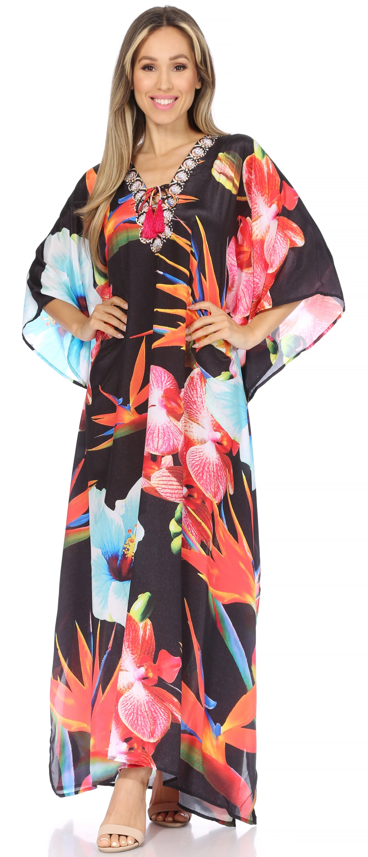 Sakkas Georgettina Flowy Rhinestone V Neck Long Caftan Dress/Cover Up - Concordia Style Boutique