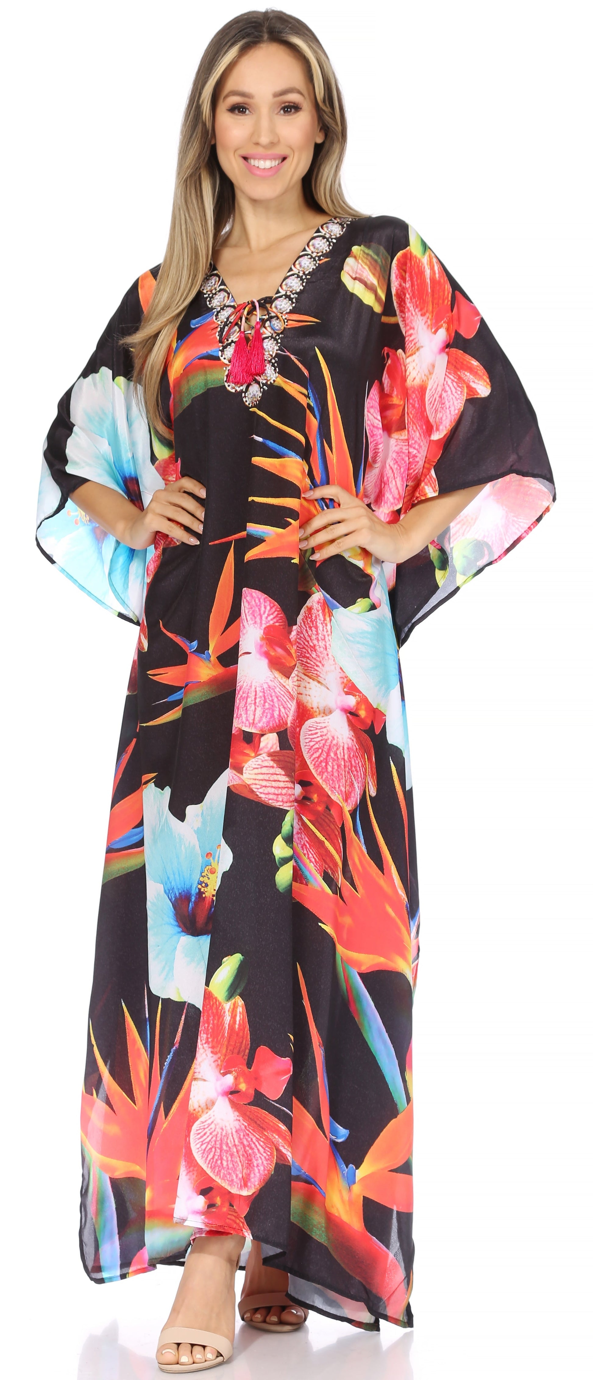Sakkas Georgettina Flowy Rhinestone V Neck Long Caftan Dress/Cover Up - Concordia Style Boutique