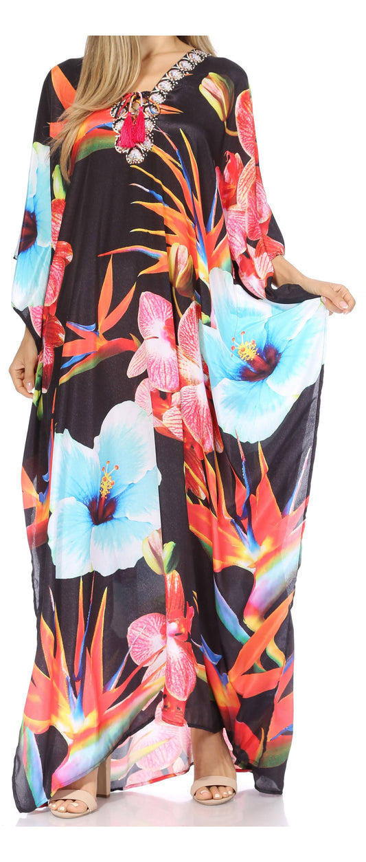 Sakkas Georgettina Flowy Rhinestone V Neck Long Caftan Dress/Cover Up - Concordia Style Boutique