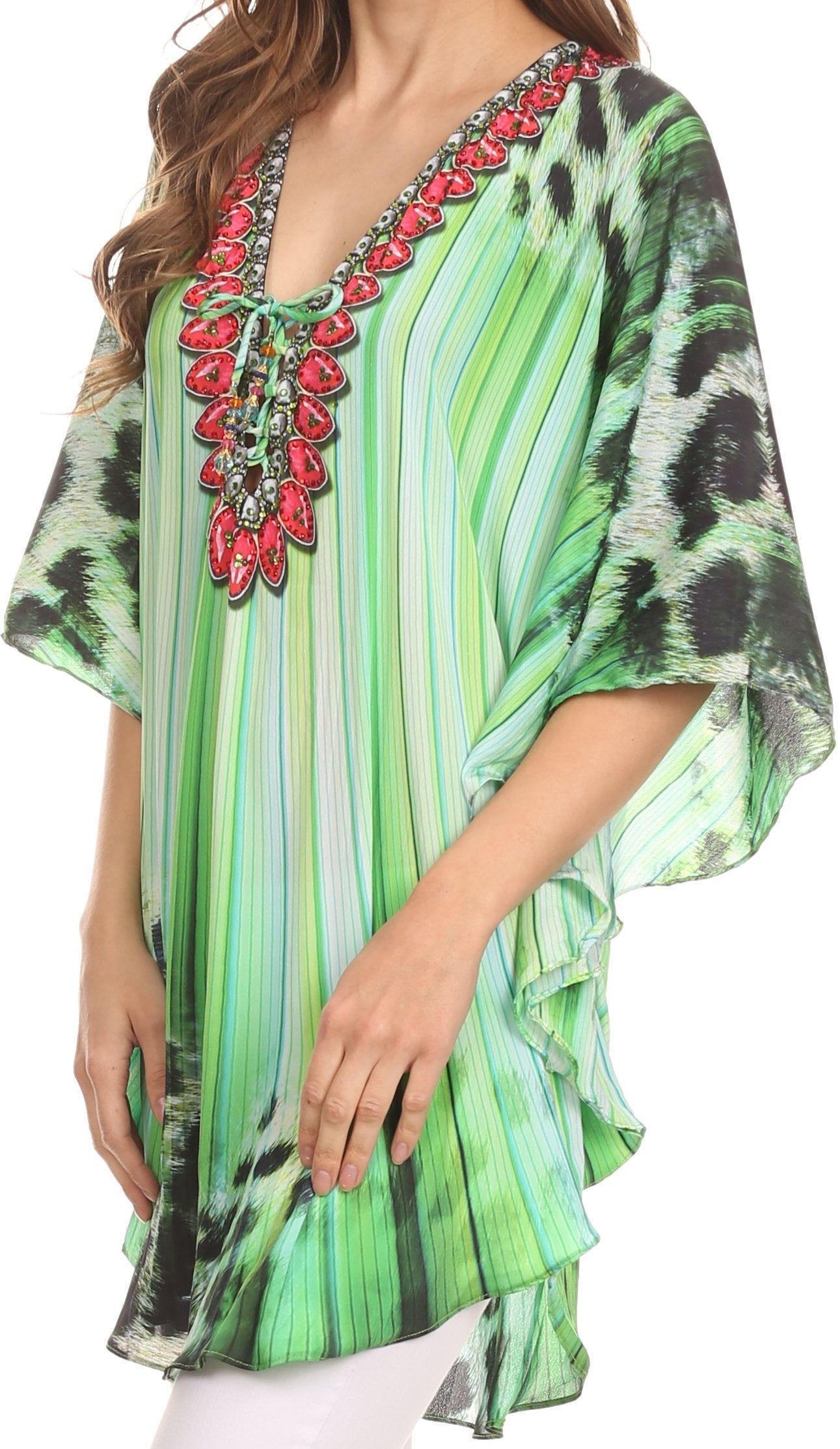 Sakkas Tallulah Wide Circle Blouse V Neck Top With Tassle Ties And Rhinestones - Concordia Style Boutique
