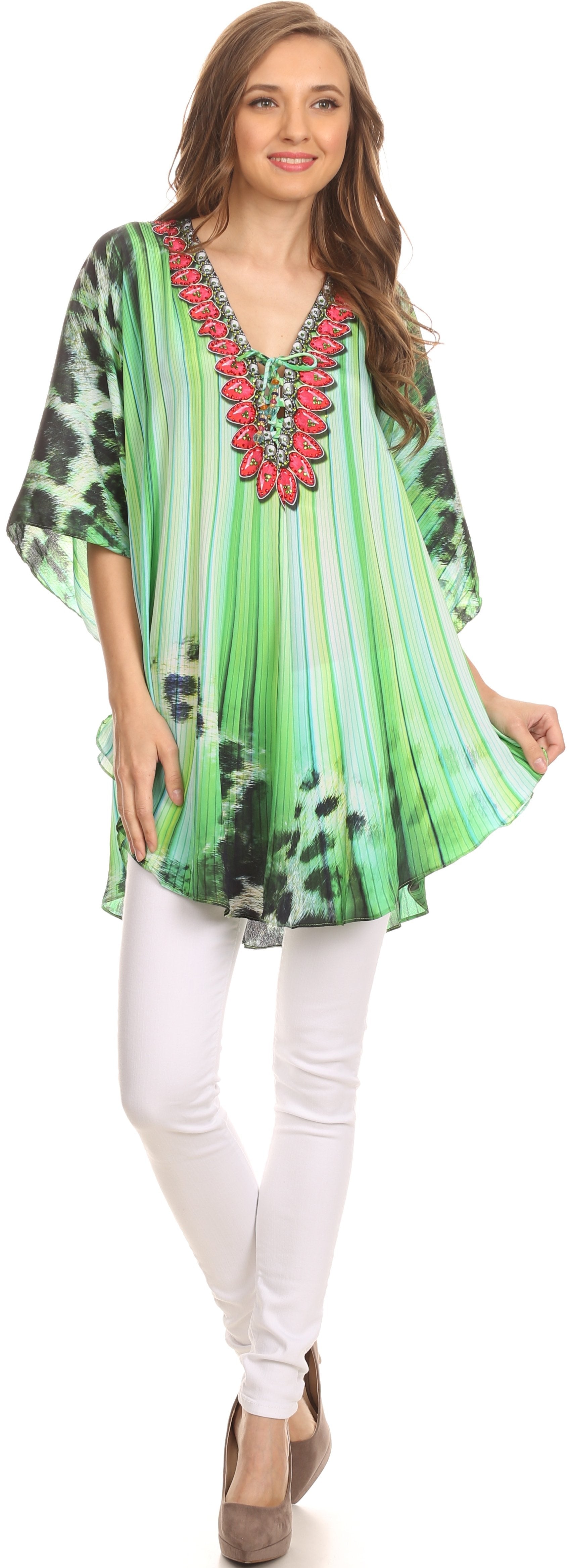 Sakkas Tallulah Wide Circle Blouse V Neck Top With Tassle Ties And Rhinestones - Concordia Style Boutique