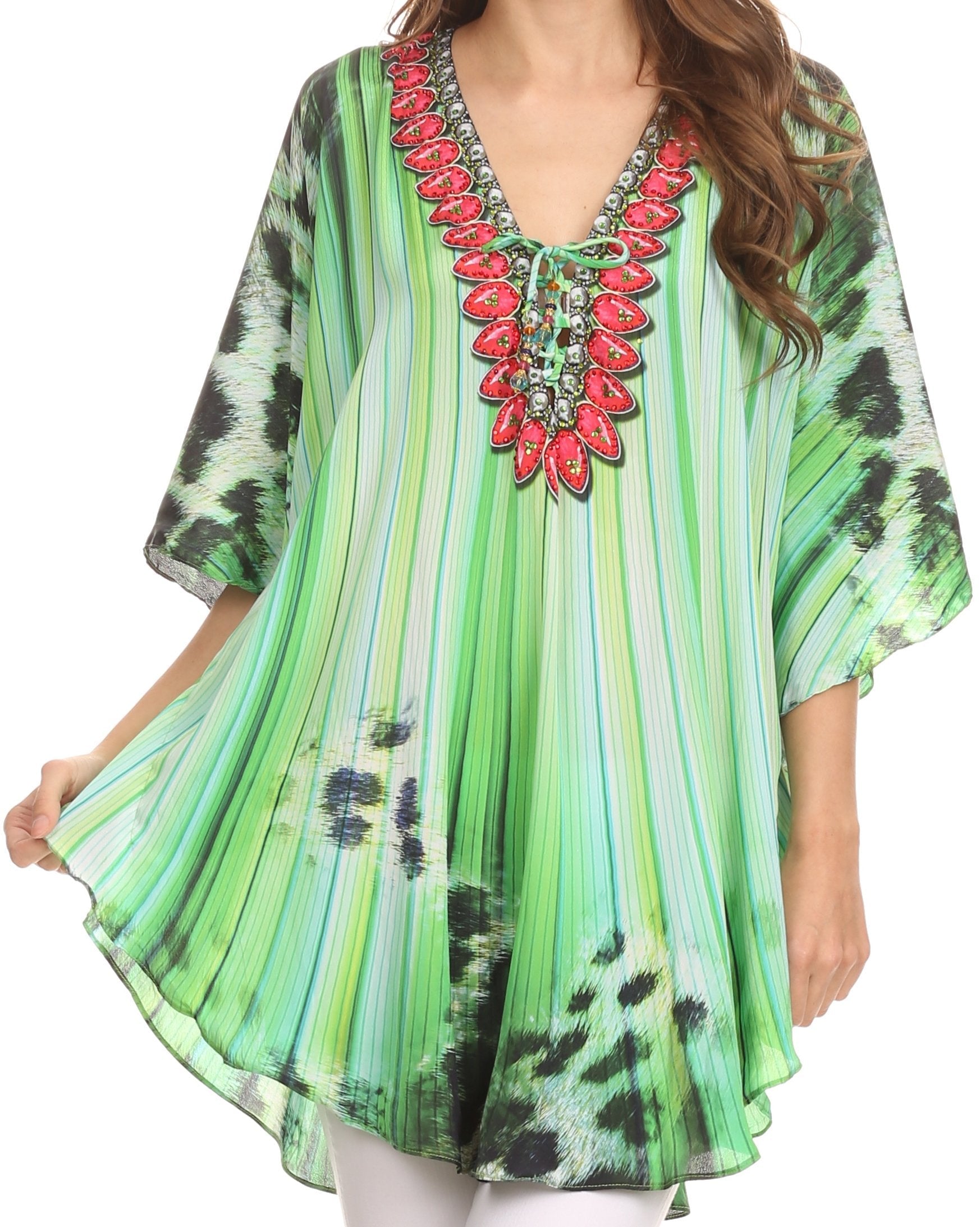 Sakkas Tallulah Wide Circle Blouse V Neck Top With Tassle Ties And Rhinestones - Concordia Style Boutique