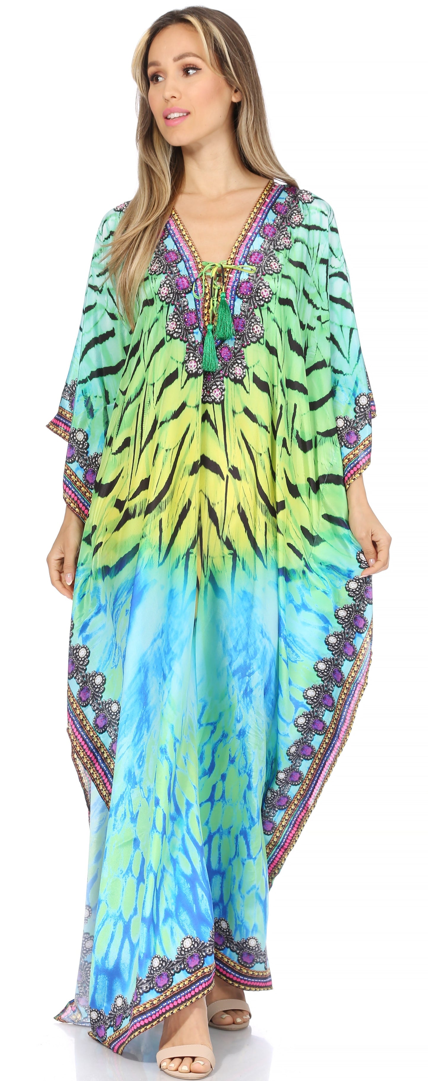 Sakkas Georgettina Flowy Rhinestone V Neck Long Caftan Dress/Cover Up - Concordia Style Boutique