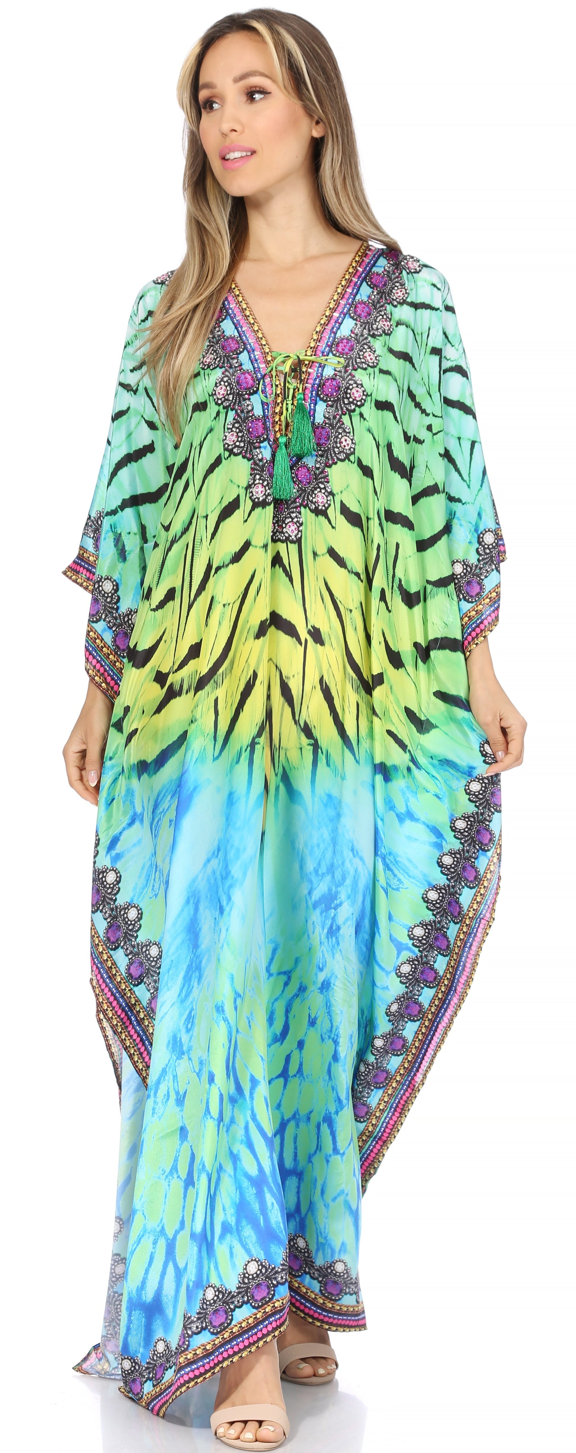 Sakkas Georgettina Flowy Rhinestone V Neck Long Caftan Dress/Cover Up - Concordia Style Boutique