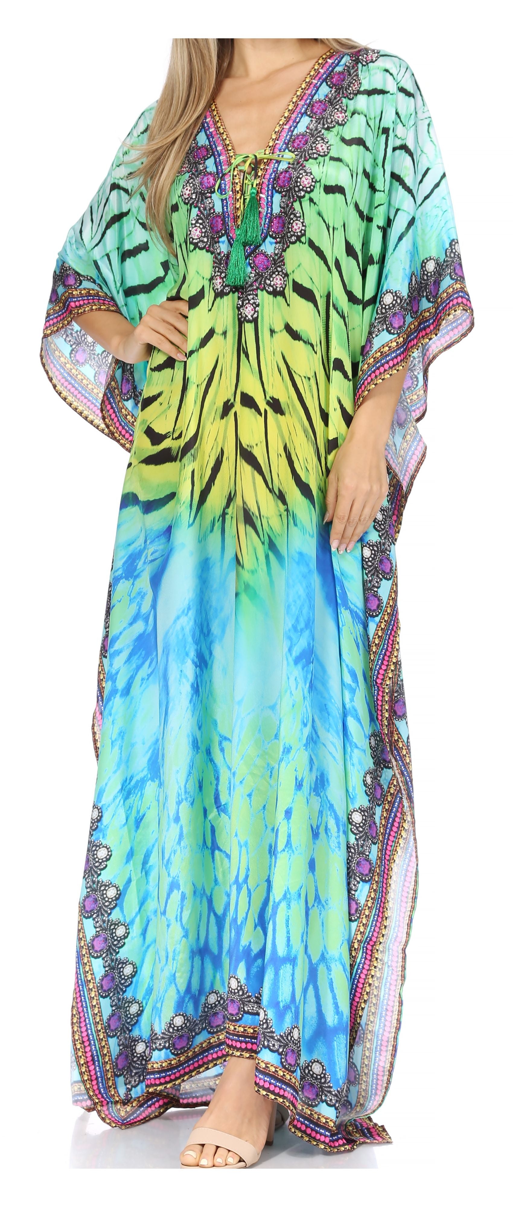 Sakkas Georgettina Flowy Rhinestone V Neck Long Caftan Dress/Cover Up - Concordia Style Boutique