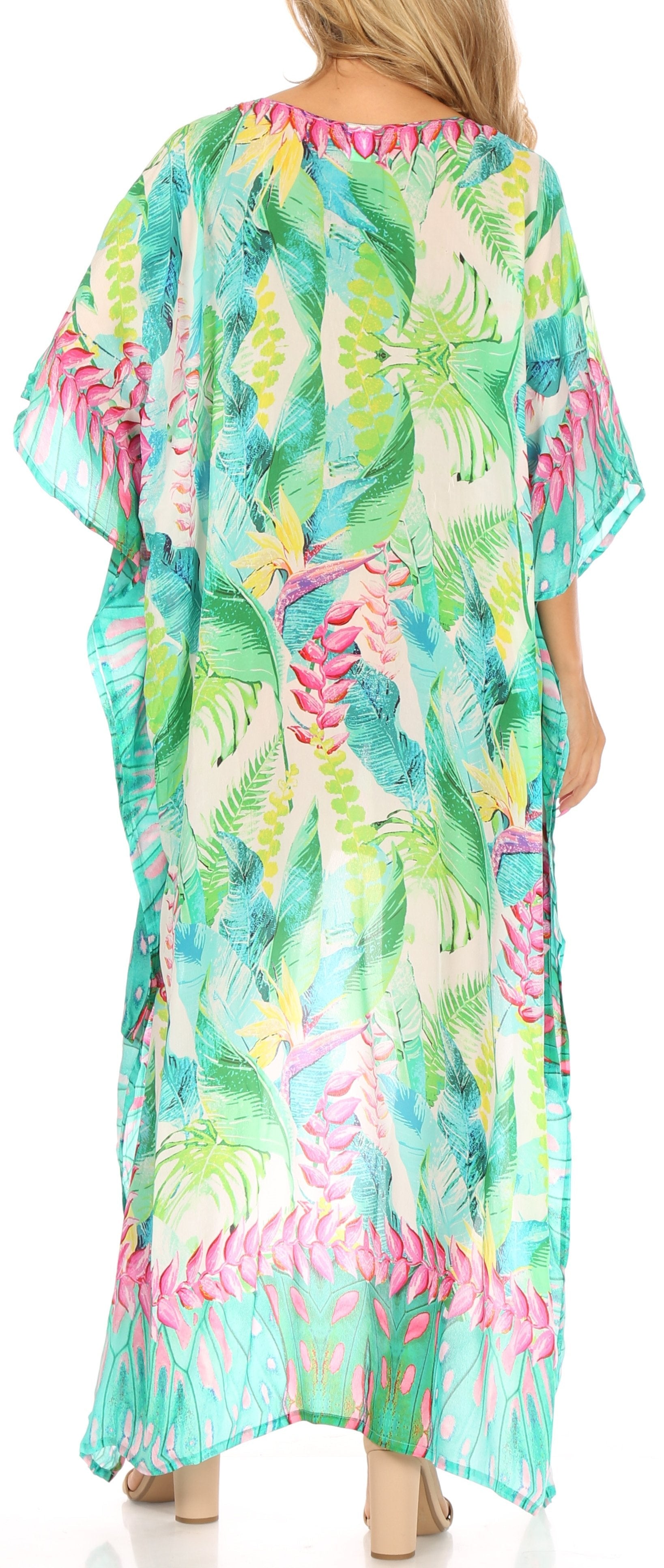 Sakkas Laisson Flowy Hi Low Caftan Rhinestone Boxy V Neck Dress Top Cover / Up - Concordia Style Boutique