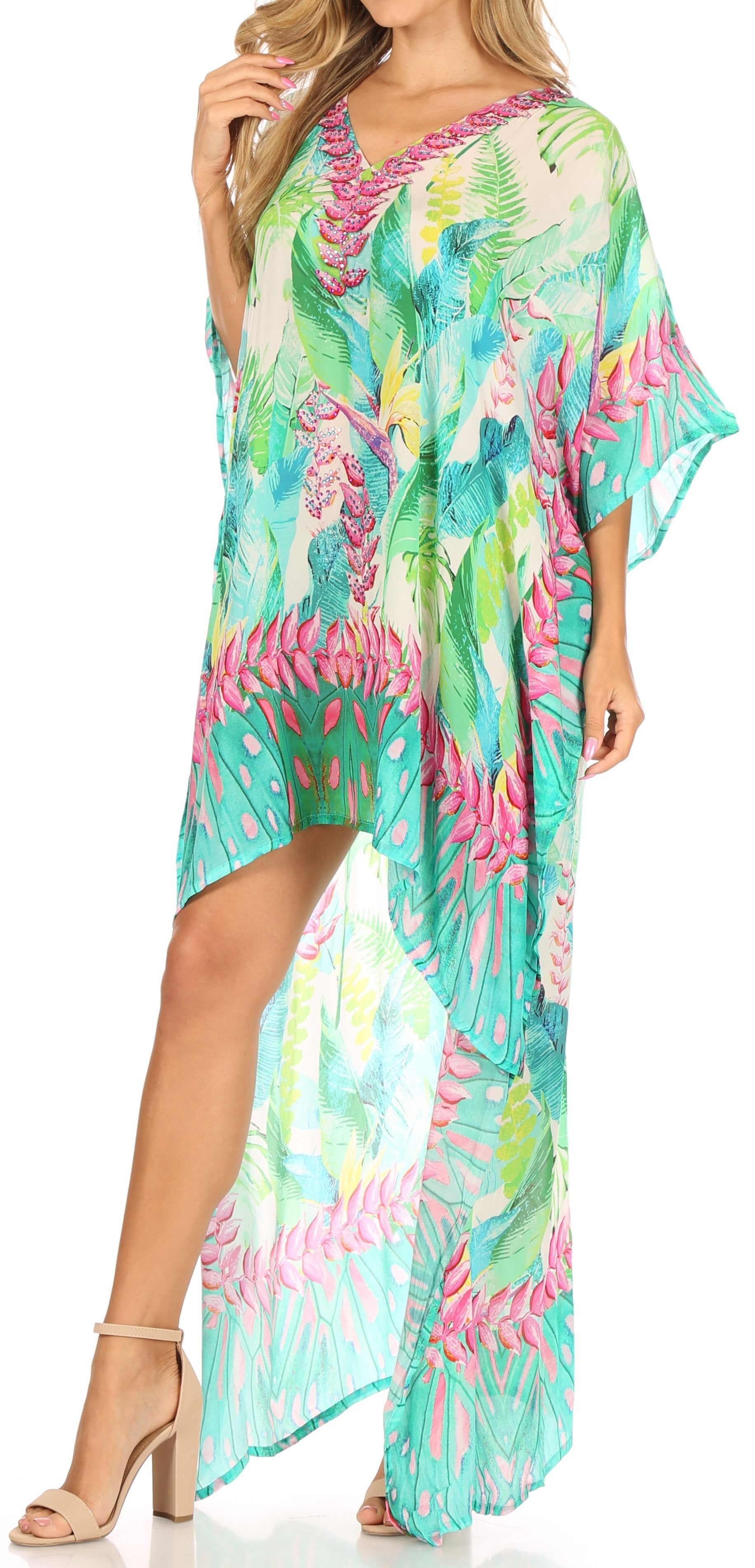 Sakkas Laisson Flowy Hi Low Caftan Rhinestone Boxy V Neck Dress Top Cover / Up - Concordia Style Boutique