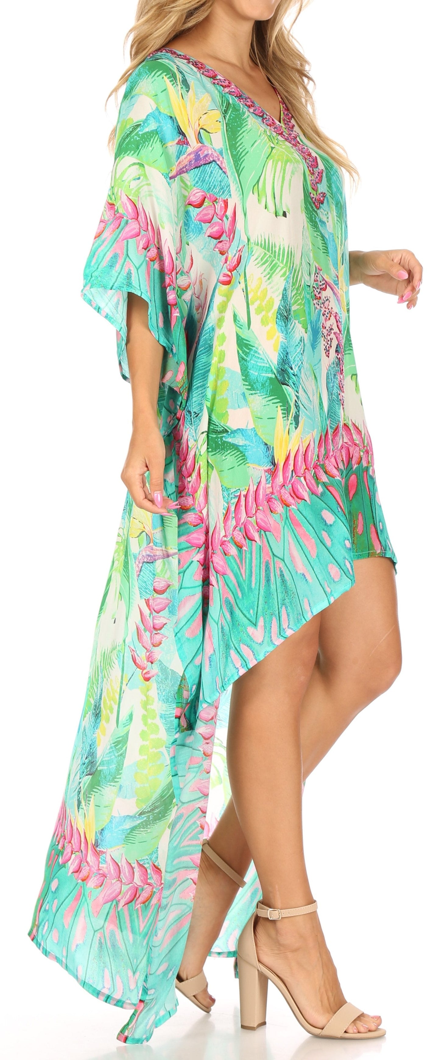 Sakkas Laisson Flowy Hi Low Caftan Rhinestone Boxy V Neck Dress Top Cover / Up - Concordia Style Boutique