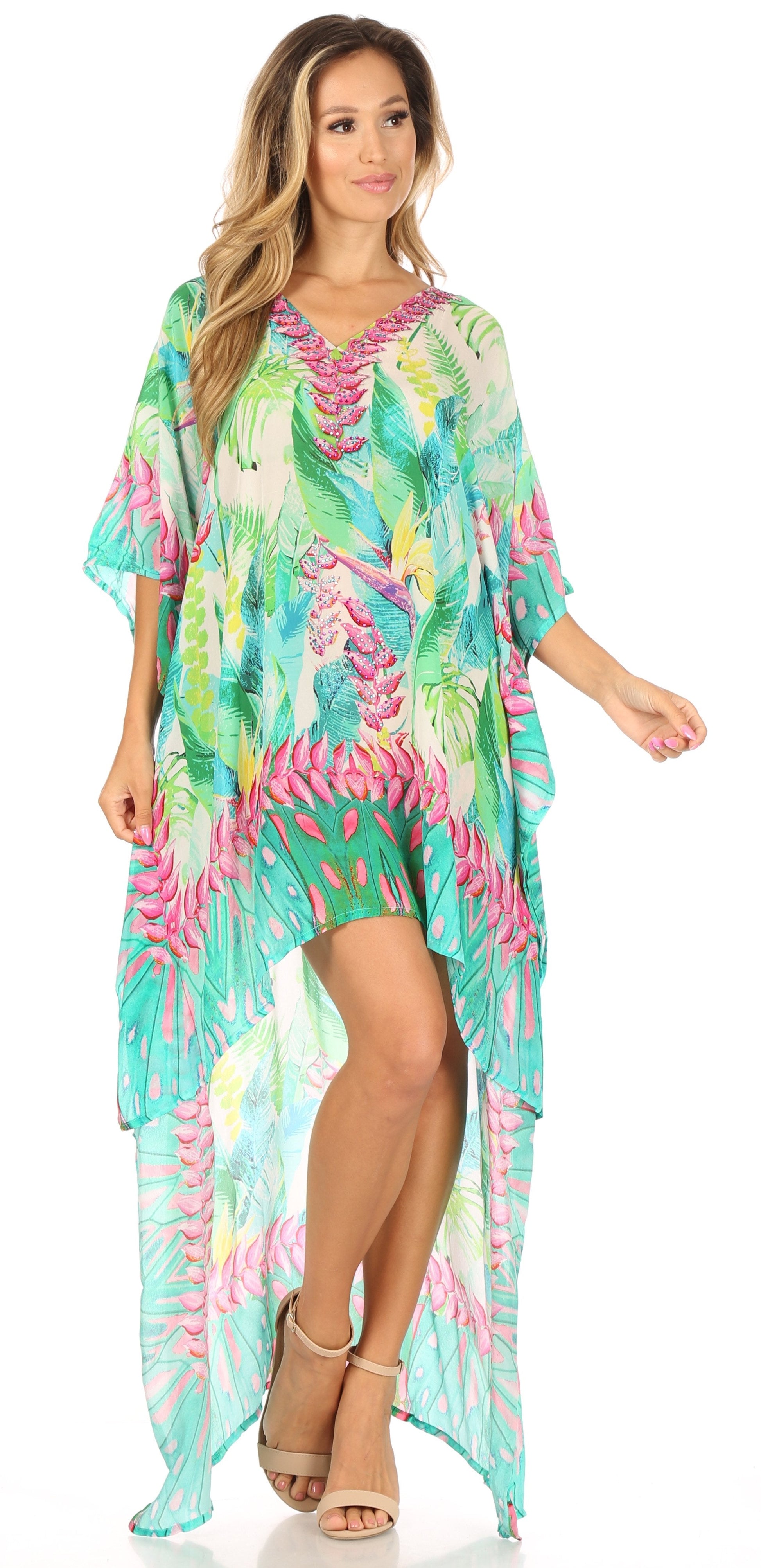 Sakkas Laisson Flowy Hi Low Caftan Rhinestone Boxy V Neck Dress Top Cover / Up - Concordia Style Boutique