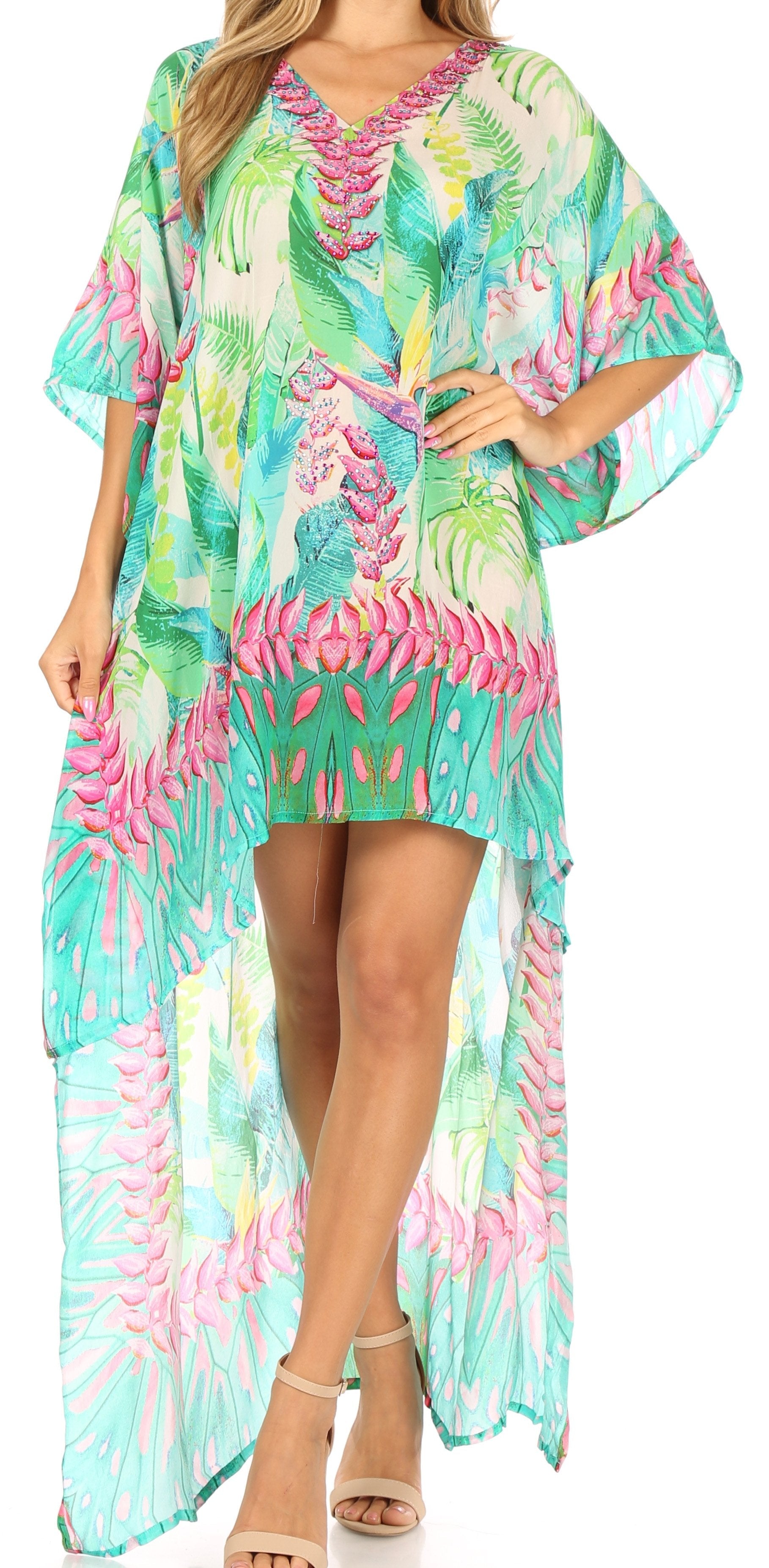 Sakkas Laisson Flowy Hi Low Caftan Rhinestone Boxy V Neck Dress Top Cover / Up - Concordia Style Boutique