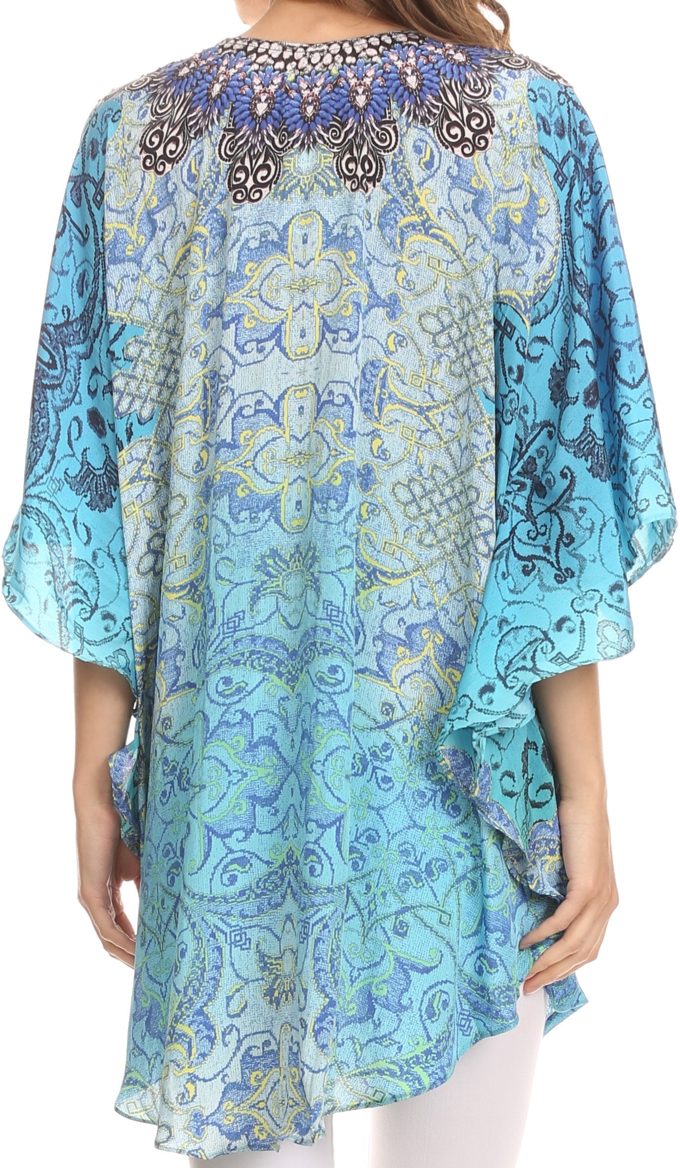 Sakkas Tallulah Wide Circle Blouse V Neck Top With Tassle Ties And Rhinestones - Concordia Style Boutique