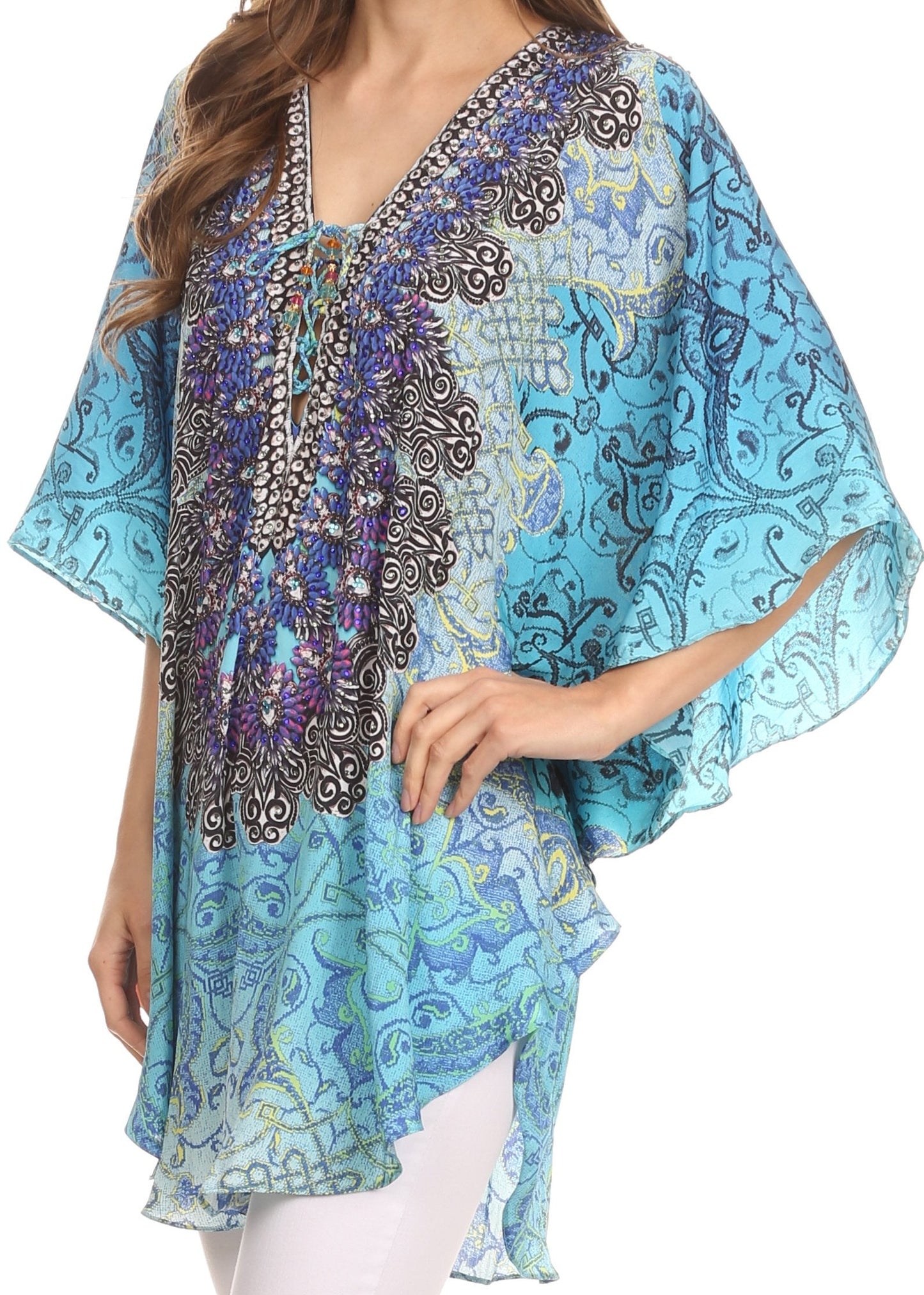 Sakkas Tallulah Wide Circle Blouse V Neck Top With Tassle Ties And Rhinestones - Concordia Style Boutique