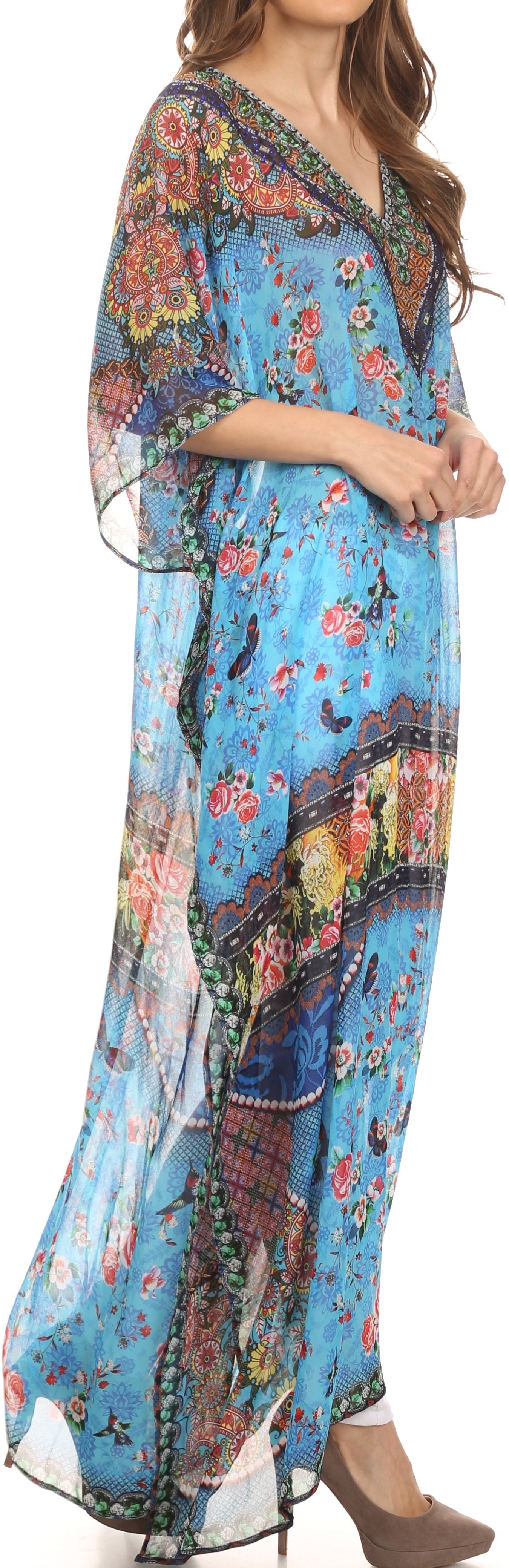 Sakkas Wilder Printed Design Long Sheer Rhinestone Caftan Dress / Cover Up - Concordia Style Boutique