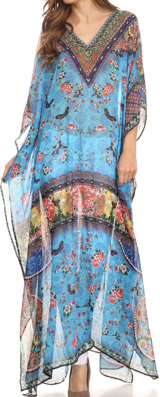 Sakkas Wilder Printed Design Long Sheer Rhinestone Caftan Dress / Cover Up - Concordia Style Boutique