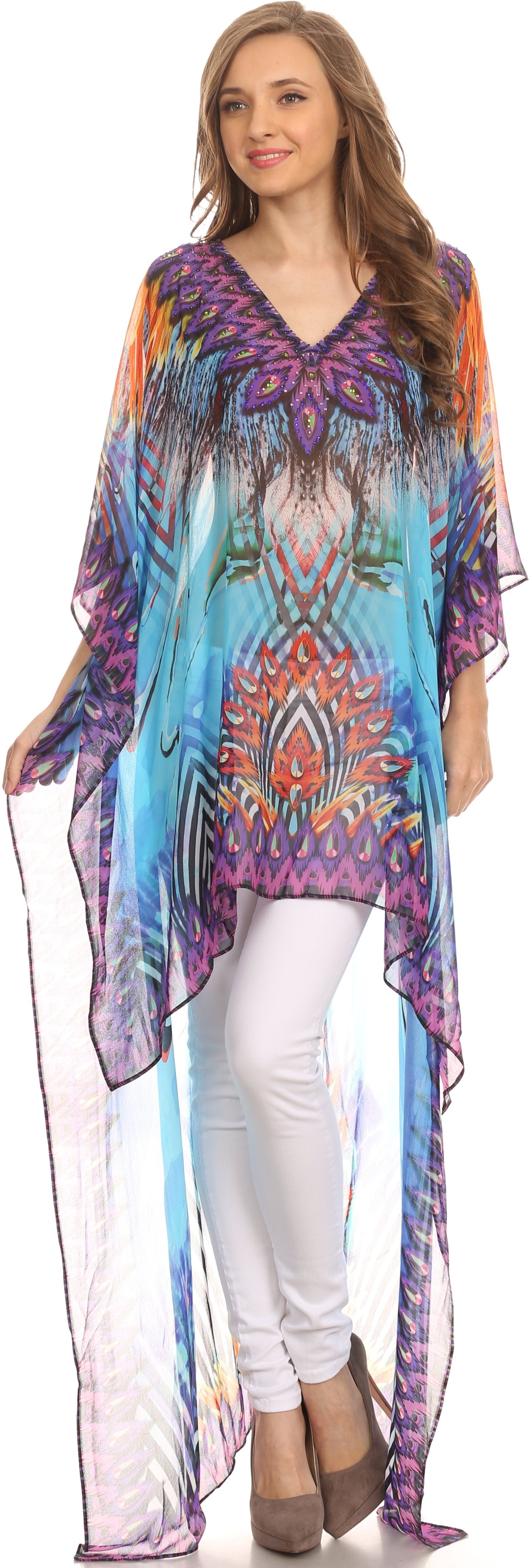 Sakkas Zeke Hi Low V-Neck Caftan Dress Printed Top Cover / Up - Concordia Style Boutique