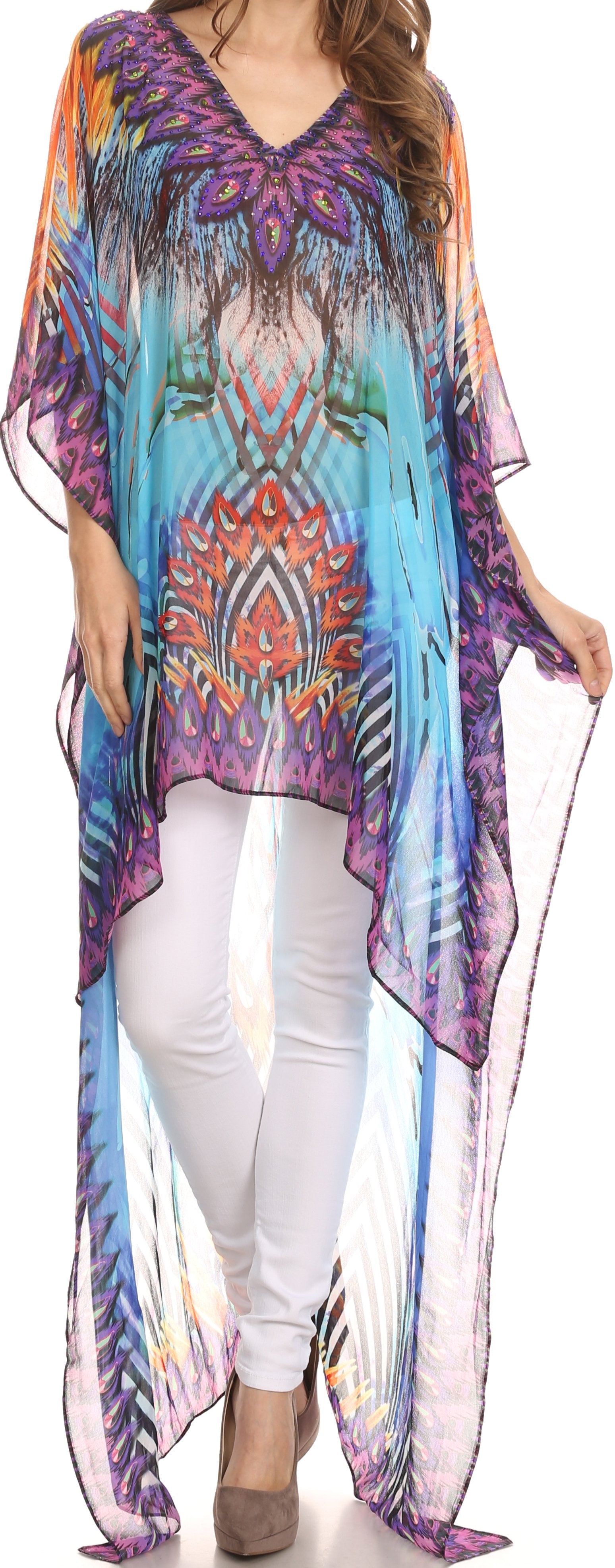 Sakkas Zeke Hi Low V-Neck Caftan Dress Printed Top Cover / Up - Concordia Style Boutique