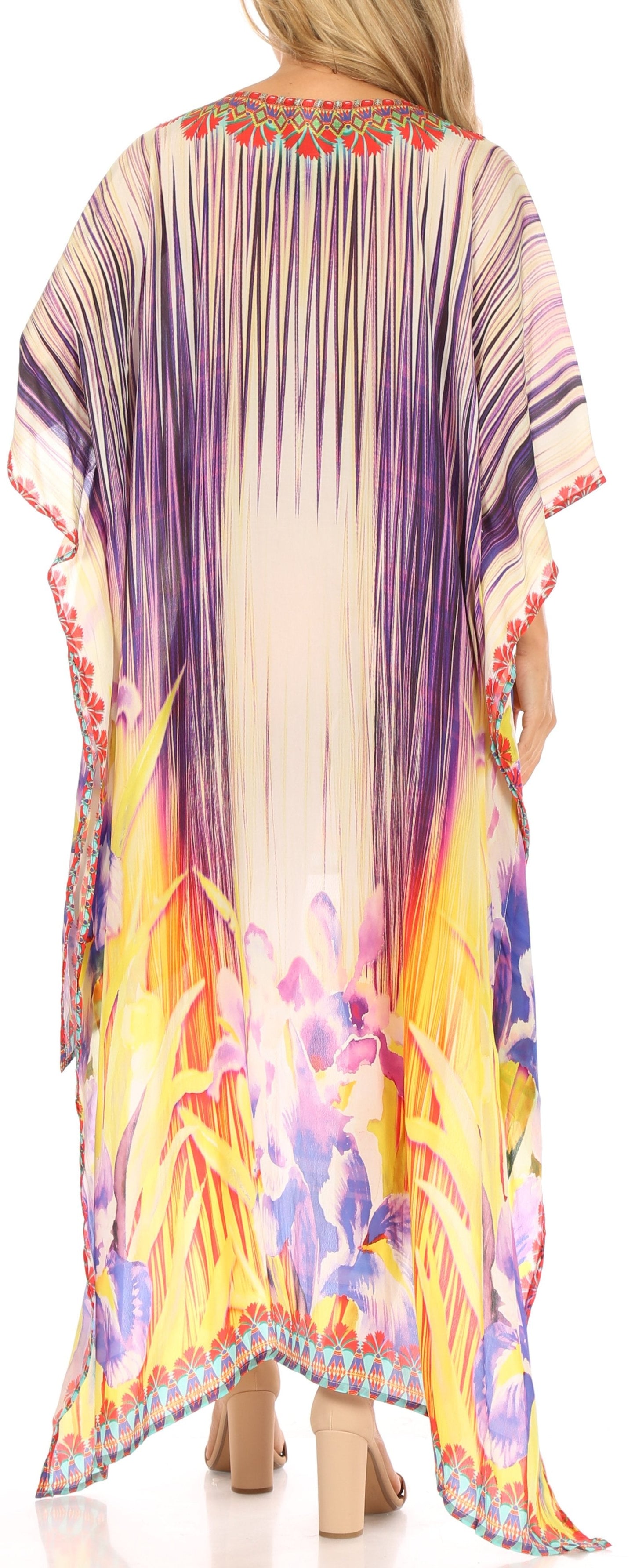 Sakkas Laisson Flowy Hi Low Caftan Rhinestone Boxy V Neck Dress Top Cover / Up - Concordia Style Boutique