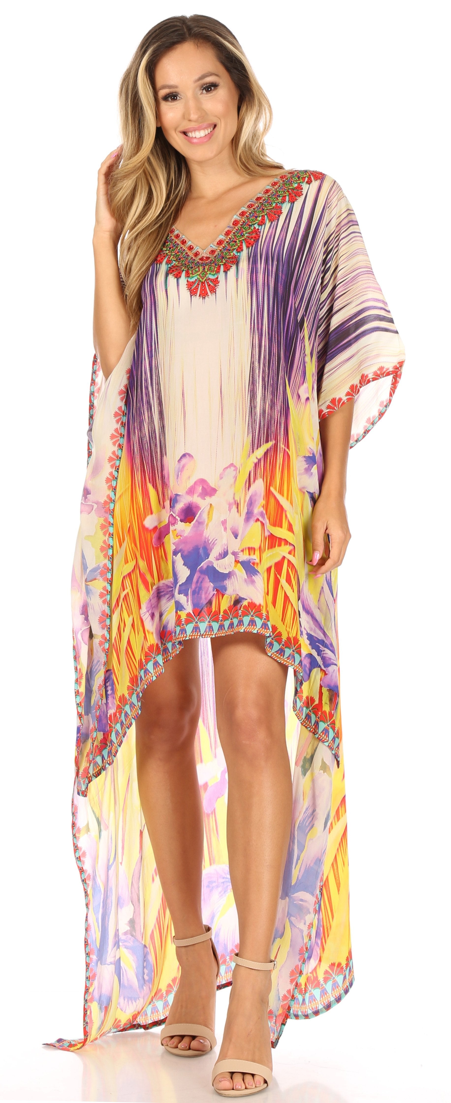 Sakkas Laisson Flowy Hi Low Caftan Rhinestone Boxy V Neck Dress Top Cover / Up - Concordia Style Boutique