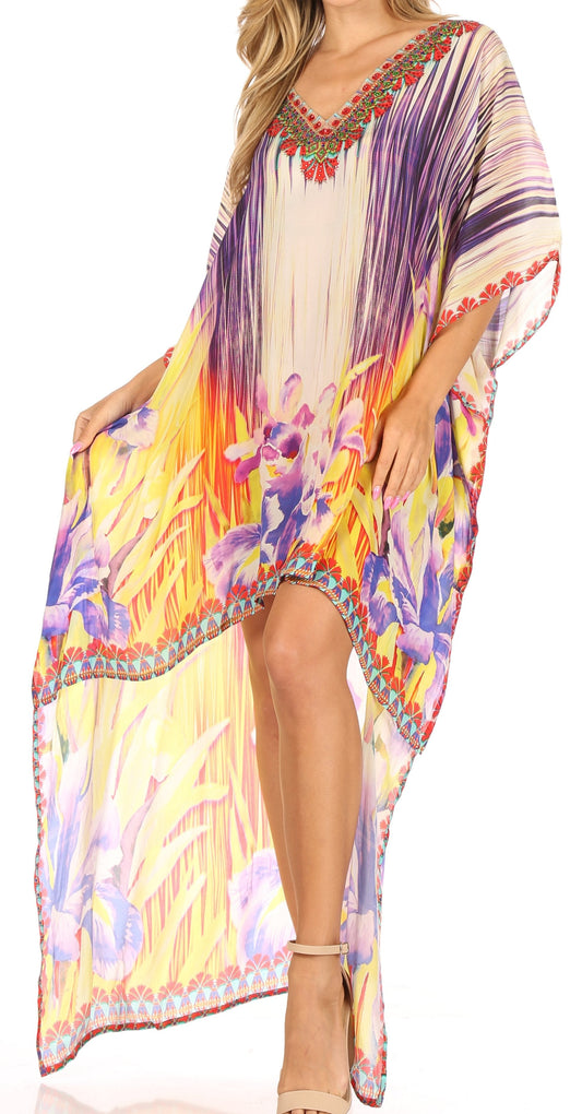 Sakkas Laisson Flowy Hi Low Caftan Rhinestone Boxy V Neck Dress Top Cover / Up - Concordia Style Boutique