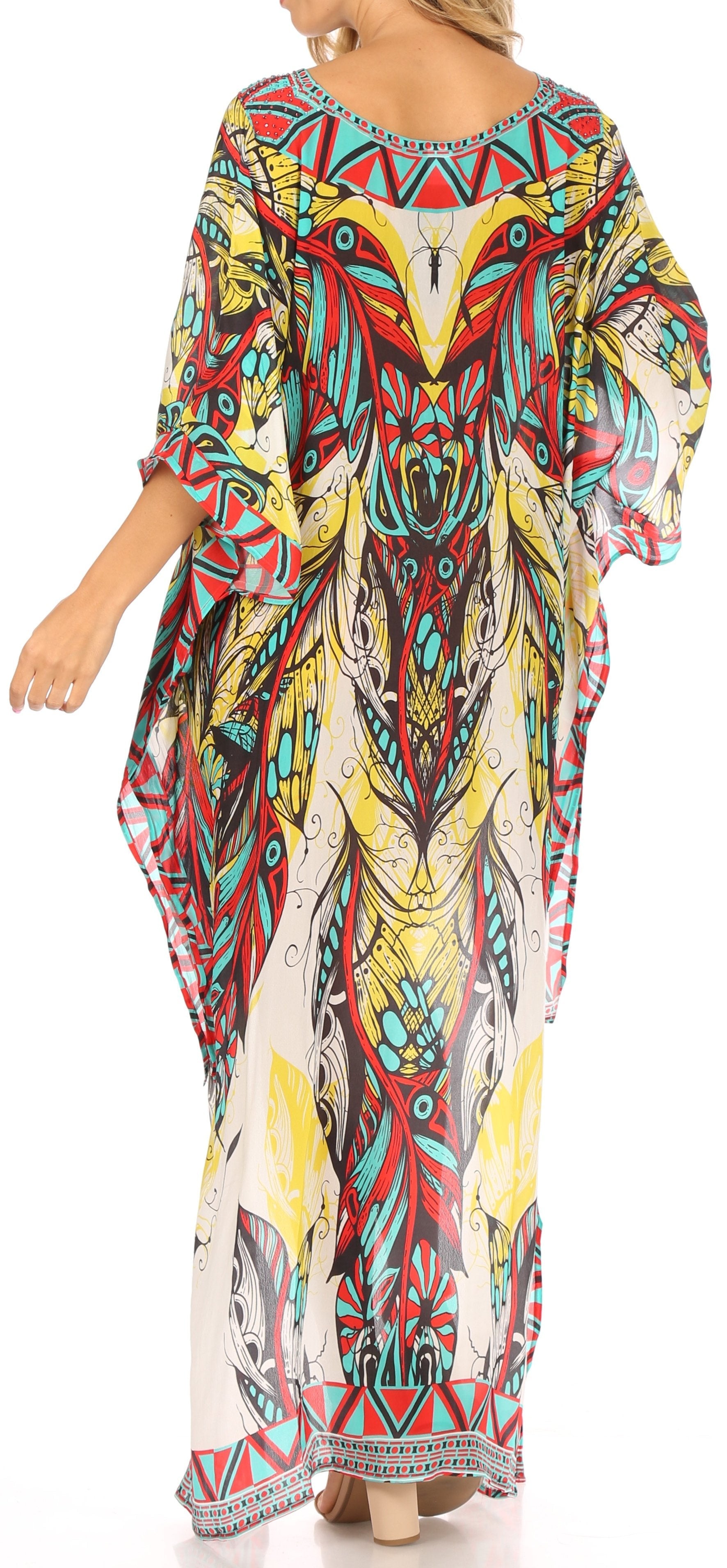 Sakkas Laisson Flowy Hi Low Caftan Rhinestone Boxy V Neck Dress Top Cover / Up - Concordia Style Boutique