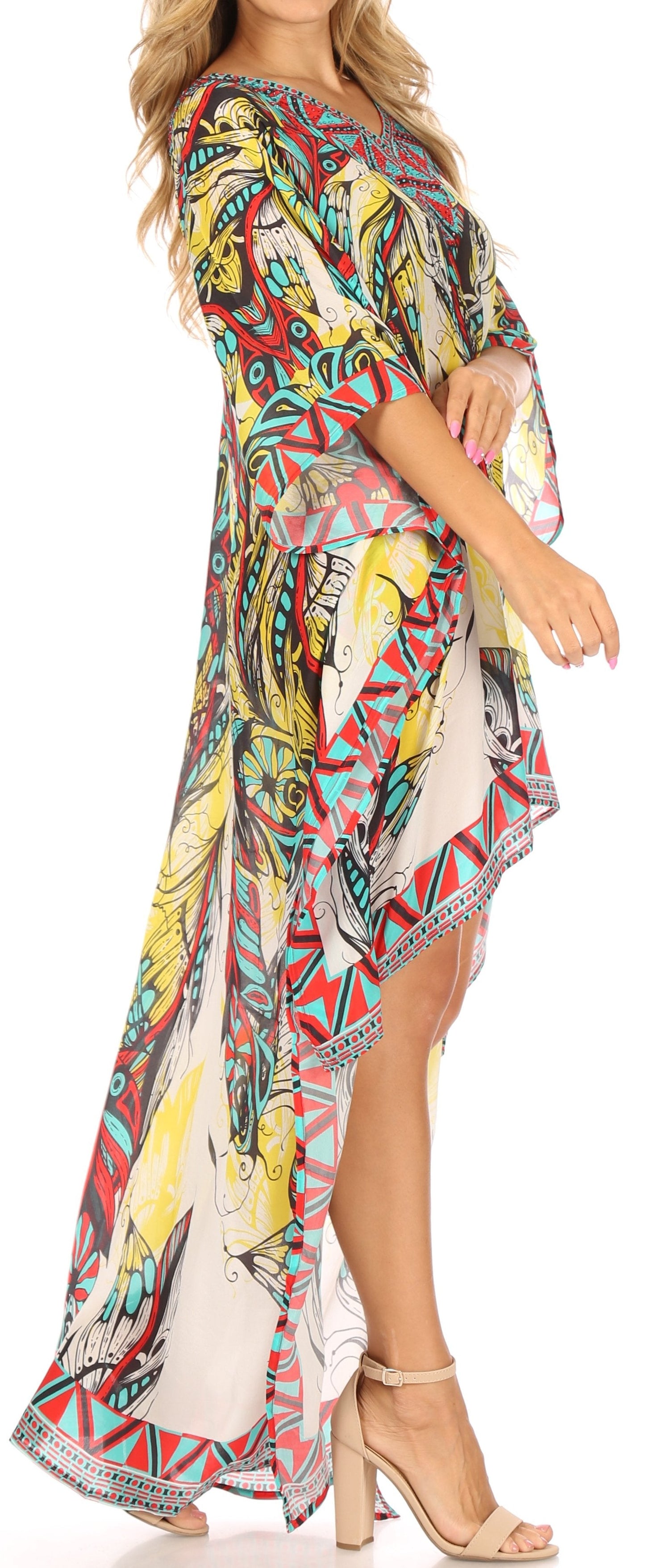 Sakkas Laisson Flowy Hi Low Caftan Rhinestone Boxy V Neck Dress Top Cover / Up - Concordia Style Boutique