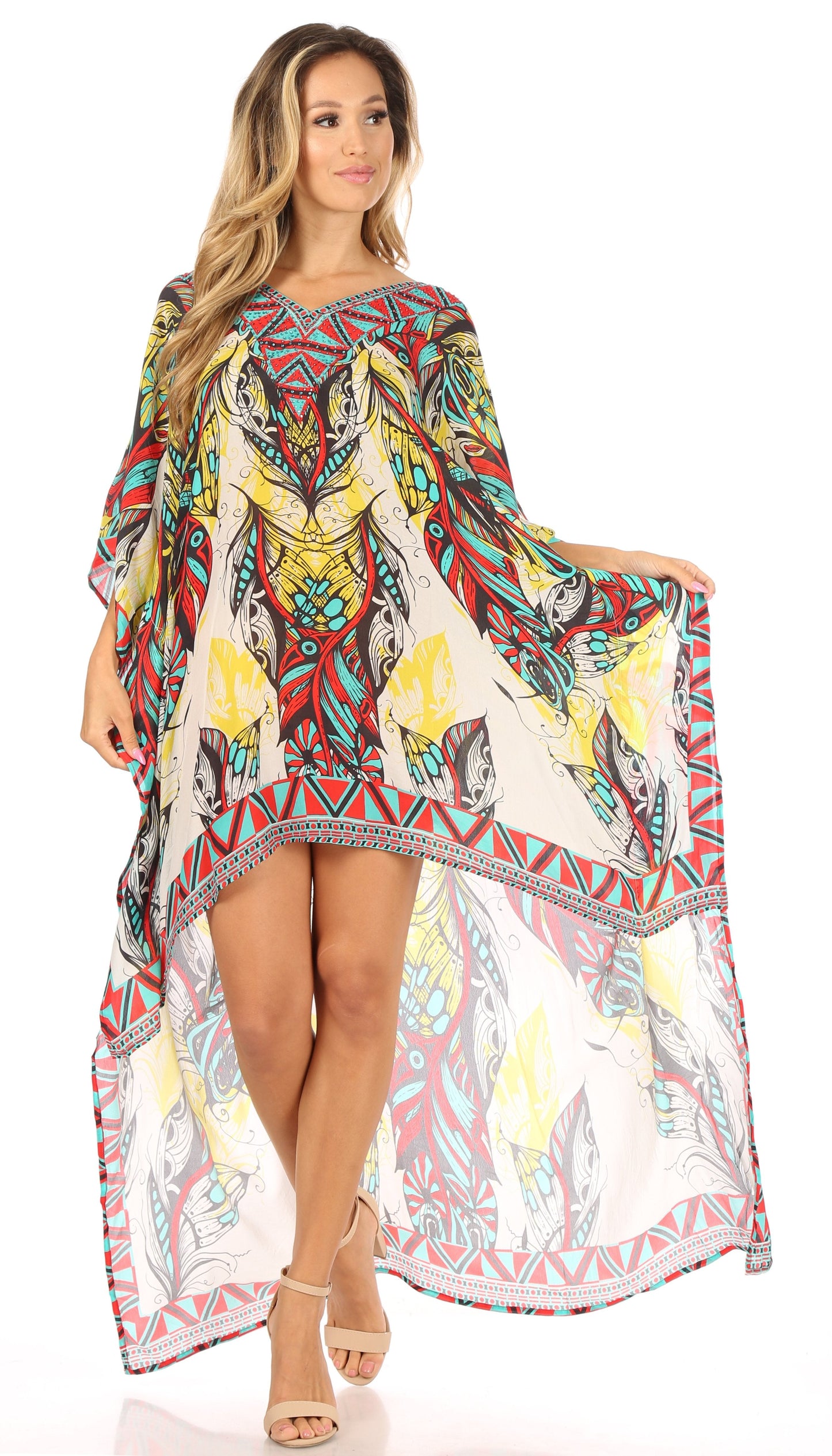 Sakkas Laisson Flowy Hi Low Caftan Rhinestone Boxy V Neck Dress Top Cover / Up - Concordia Style Boutique